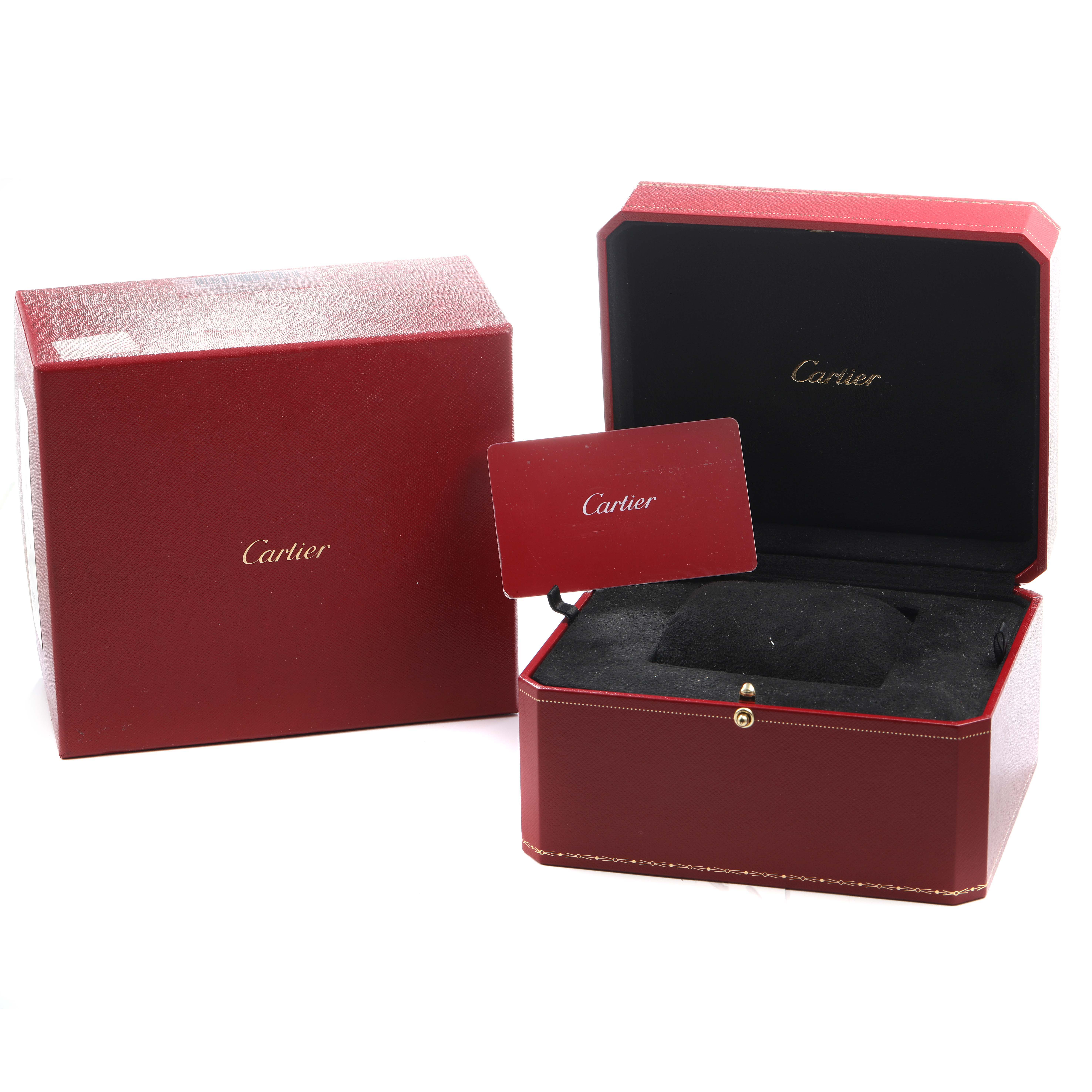 The image shows the red presentation box and outer box for the Cartier Cloche WGCC0003 Men's Rose Gold Grey Dial model, along with a card.