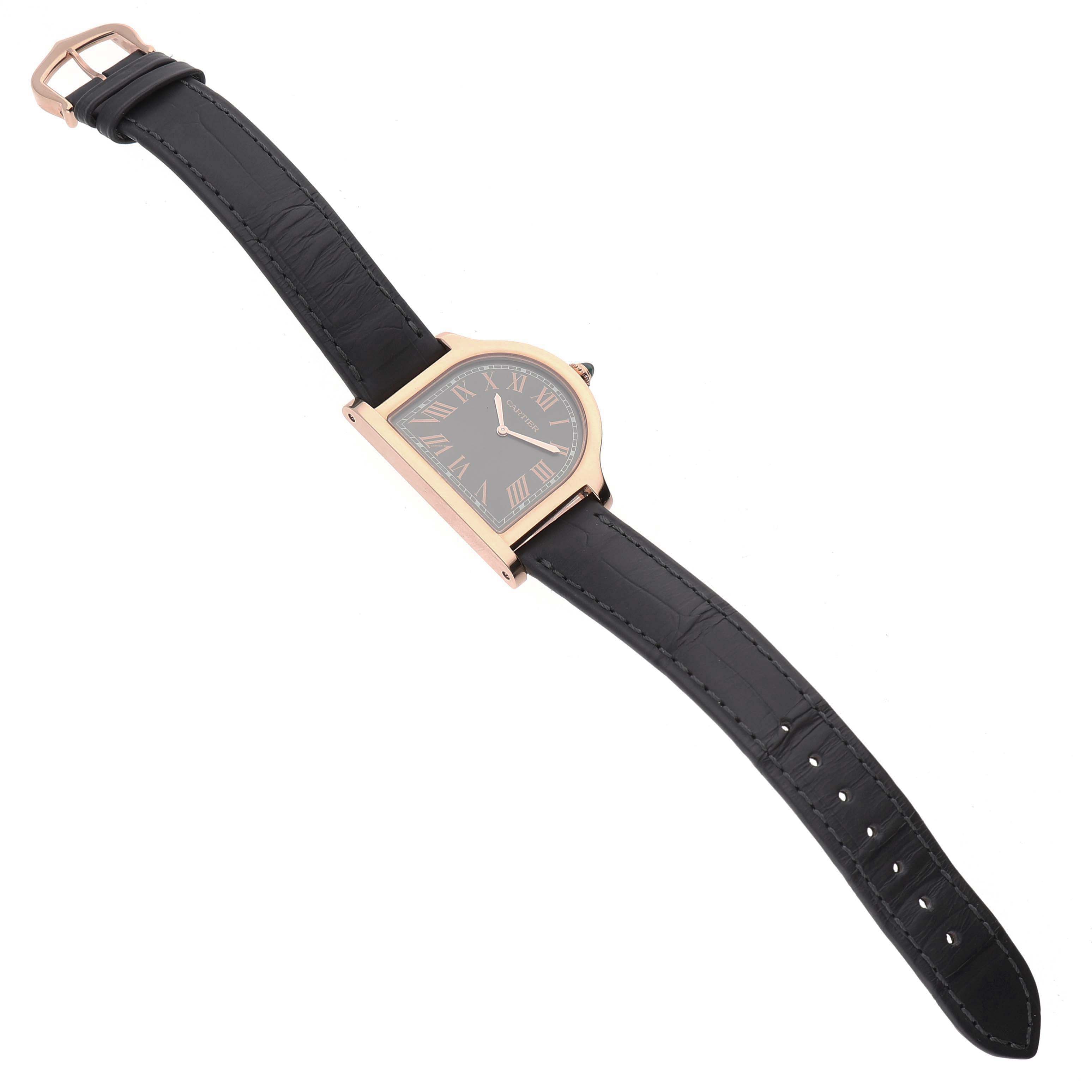 The Cartier Cloche WGCC0003 Men's Rose Gold Grey Dial watch is shown at a slight angle, displaying the face, case, strap, and buckle.