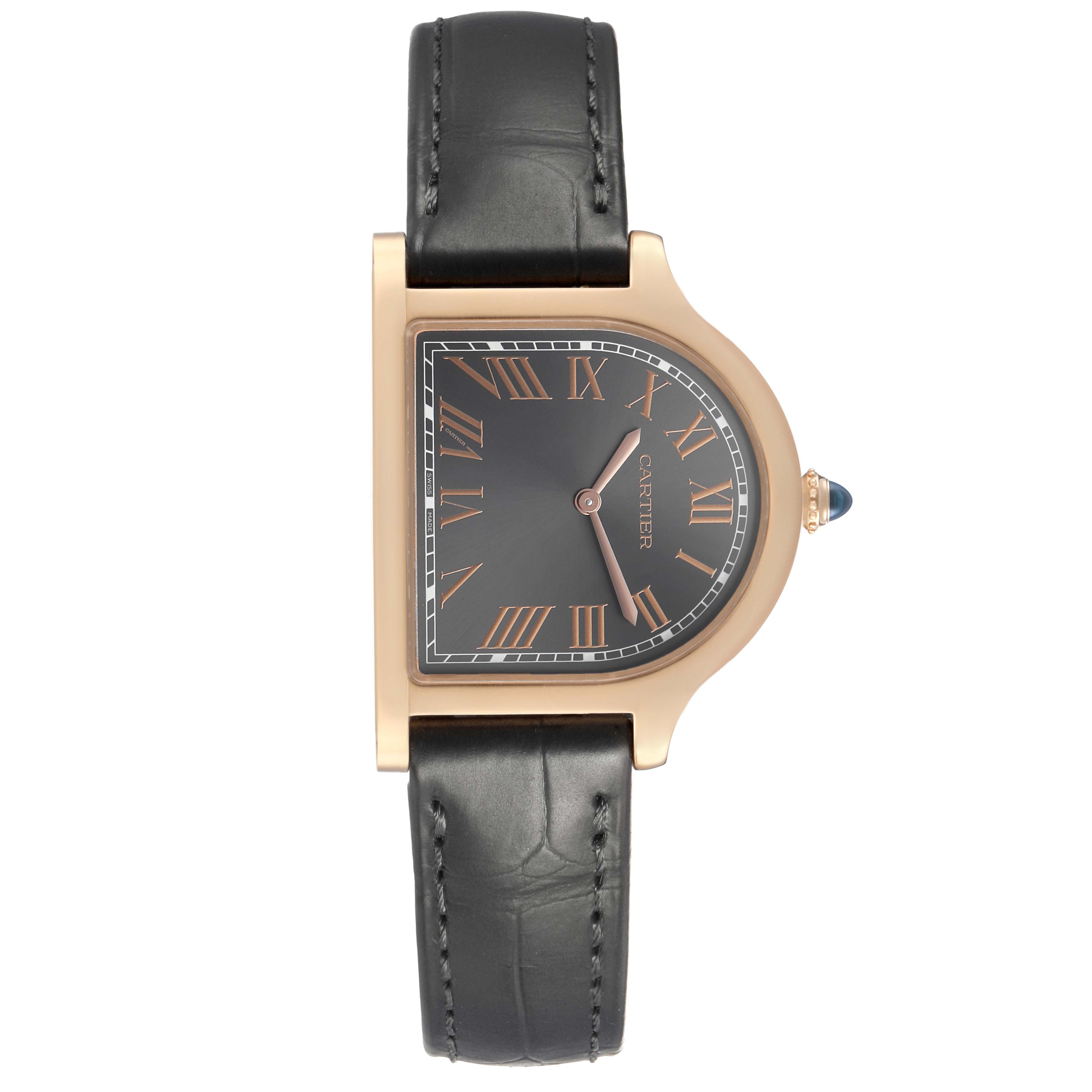 The Cartier Cloche WGCC0003 Men's Rose Gold Grey Dial watch is shown from a top view, displaying its unique asymmetrical case and leather strap.