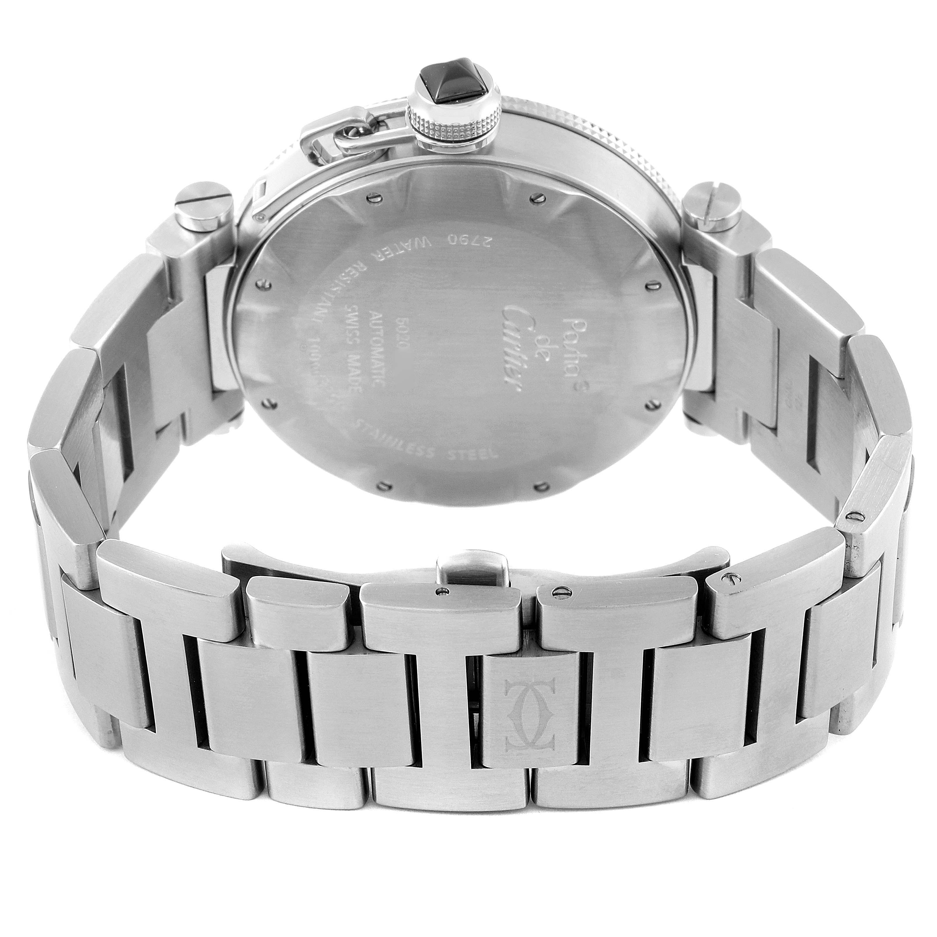 The image shows the back and bracelet of the Cartier Pasha W31077M7 Men
s Stainless Steel Black Dial W31077M7 Men
s Stainless Steel Black Dial watch, highlighting the engraved case back and stainless steel links.