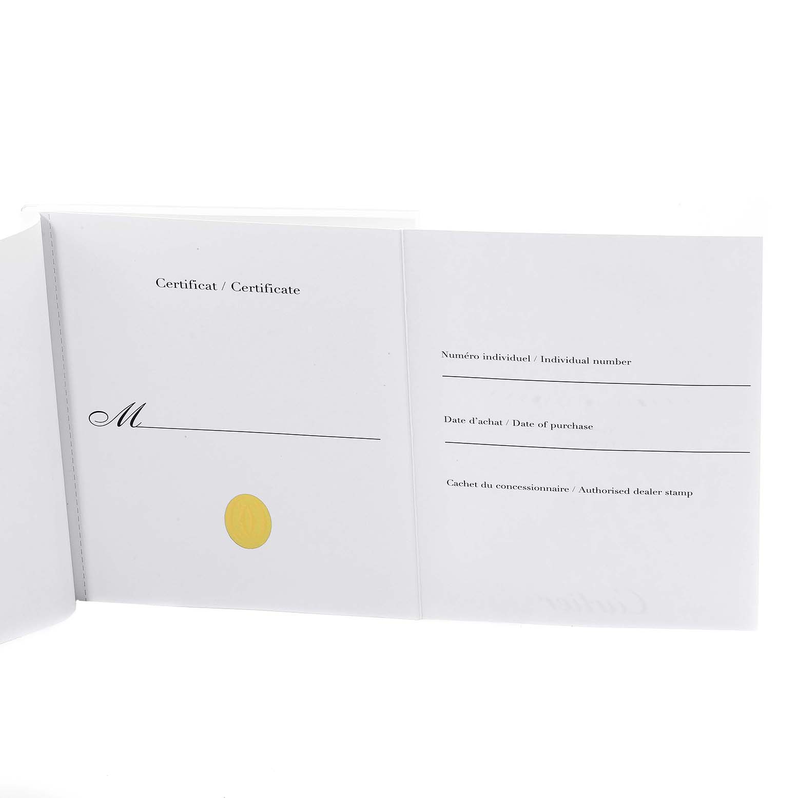 This image shows an open certificate booklet for the Cartier Pasha W31077M7 Men
s Stainless Steel Black Dial W31077M7 Men
s Stainless Steel Black Dial model watch, featuring fields for individual number, purchase date, and dealer stamp.