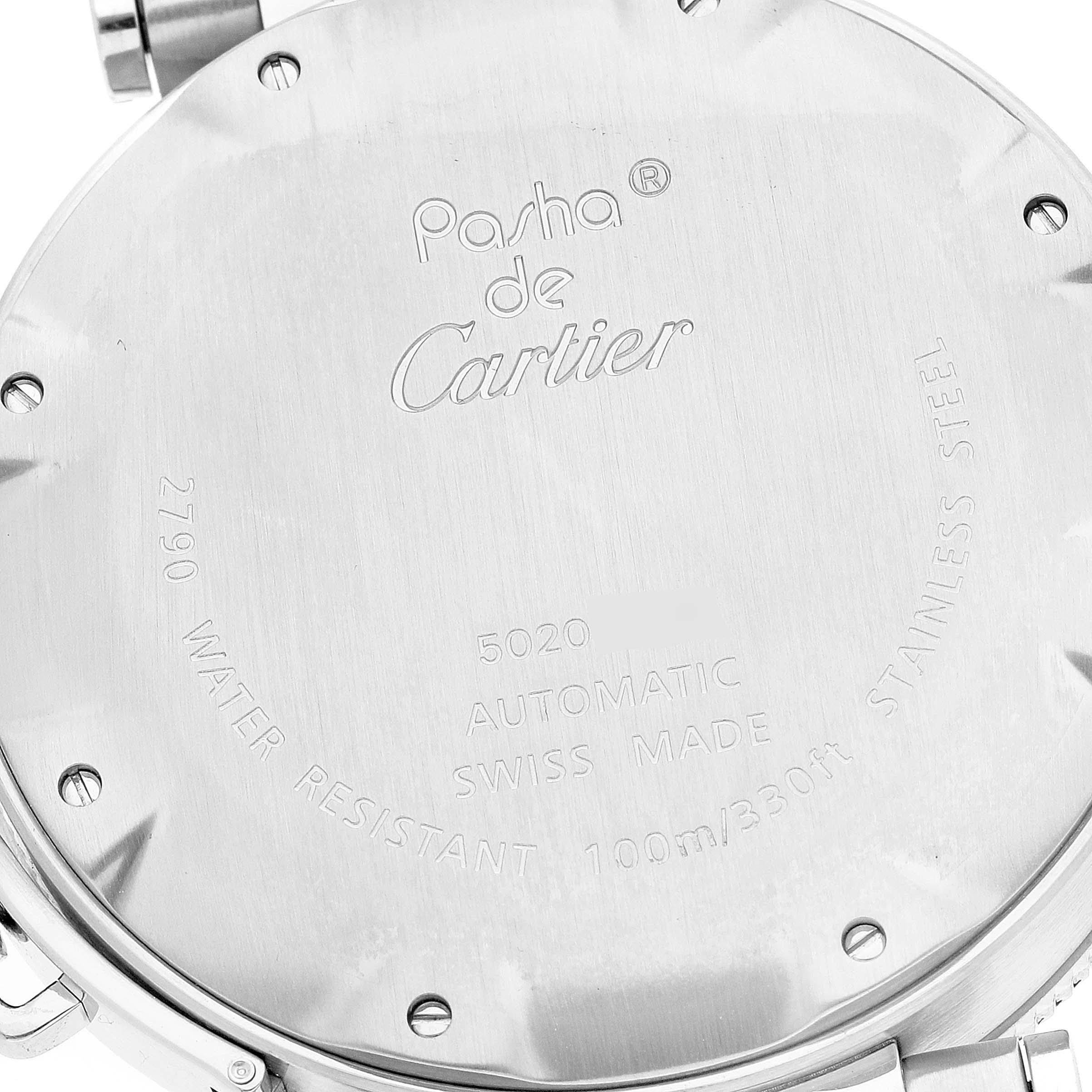 This is a close-up view of the case back of a Cartier Pasha W31077M7 Men
s Stainless Steel Black Dial W31077M7 Men
s Stainless Steel Black Dial watch showing the engraved details.