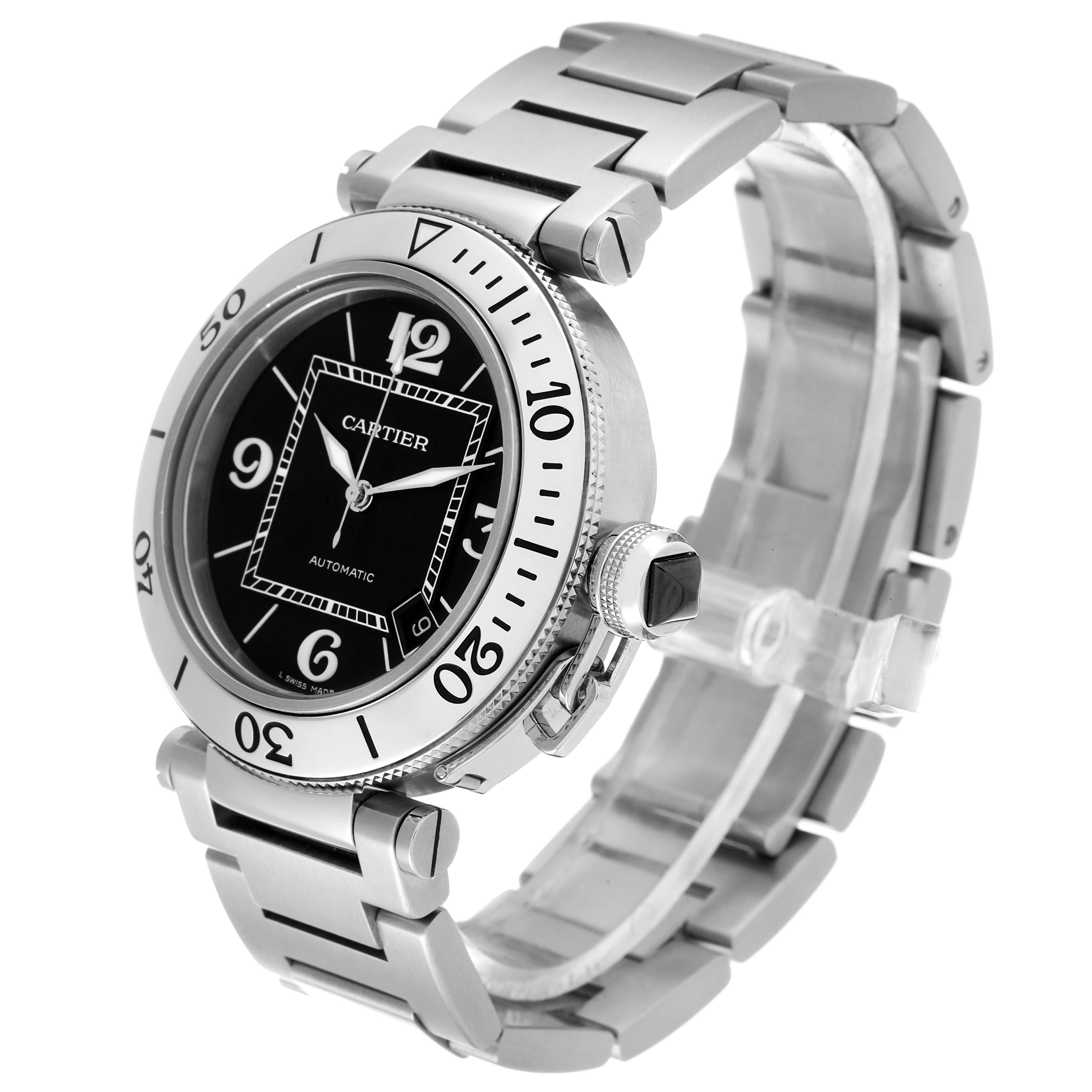 This image shows a Cartier Pasha W31077M7 Men
s Stainless Steel Black Dial W31077M7 Men
s Stainless Steel Black Dial model watch at a three-quarter angle, highlighting its bezel, dial, and bracelet.