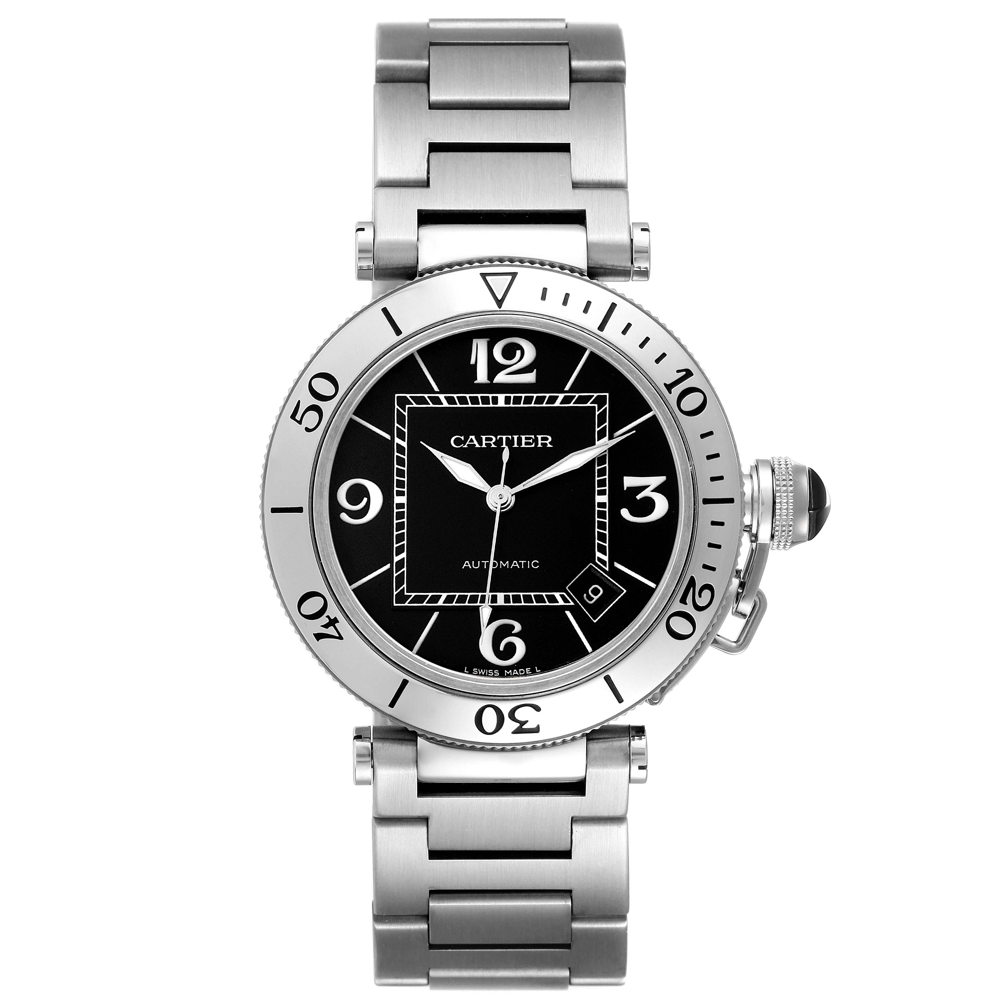 The Cartier Pasha W31077M7 Men
s Stainless Steel Black Dial W31077M7 Men
s Stainless Steel Black Dial watch is shown from a front angle, displaying its black dial, silver bezel, and metal bracelet.