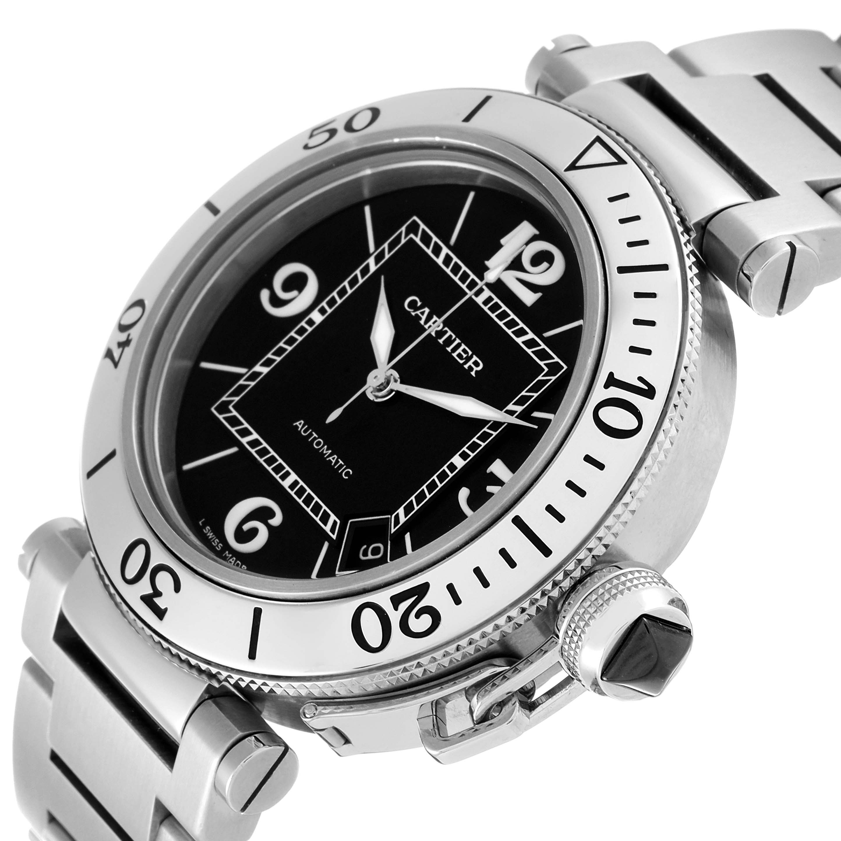 This image shows a close-up, angled view of the Cartier Pasha W31077M7 Men
s Stainless Steel Black Dial W31077M7 Men
s Stainless Steel Black Dial watch, including the bezel, dial, bracelet, and crown.