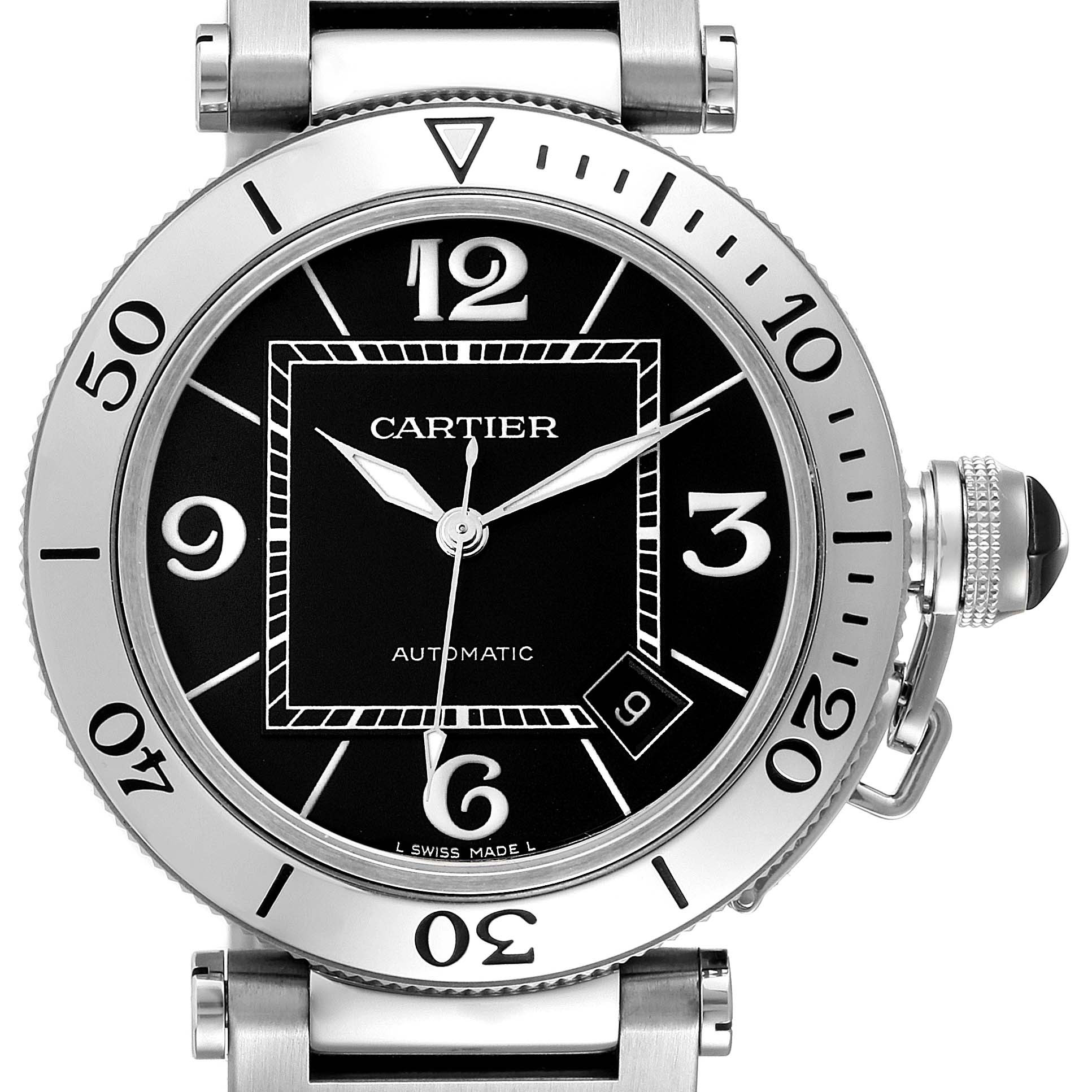 The image shows a front view of the Cartier Pasha W31077M7 Men
s Stainless Steel Black Dial W31077M7 Men
s Stainless Steel Black Dial watch, showcasing its bezel, dial, and crown.