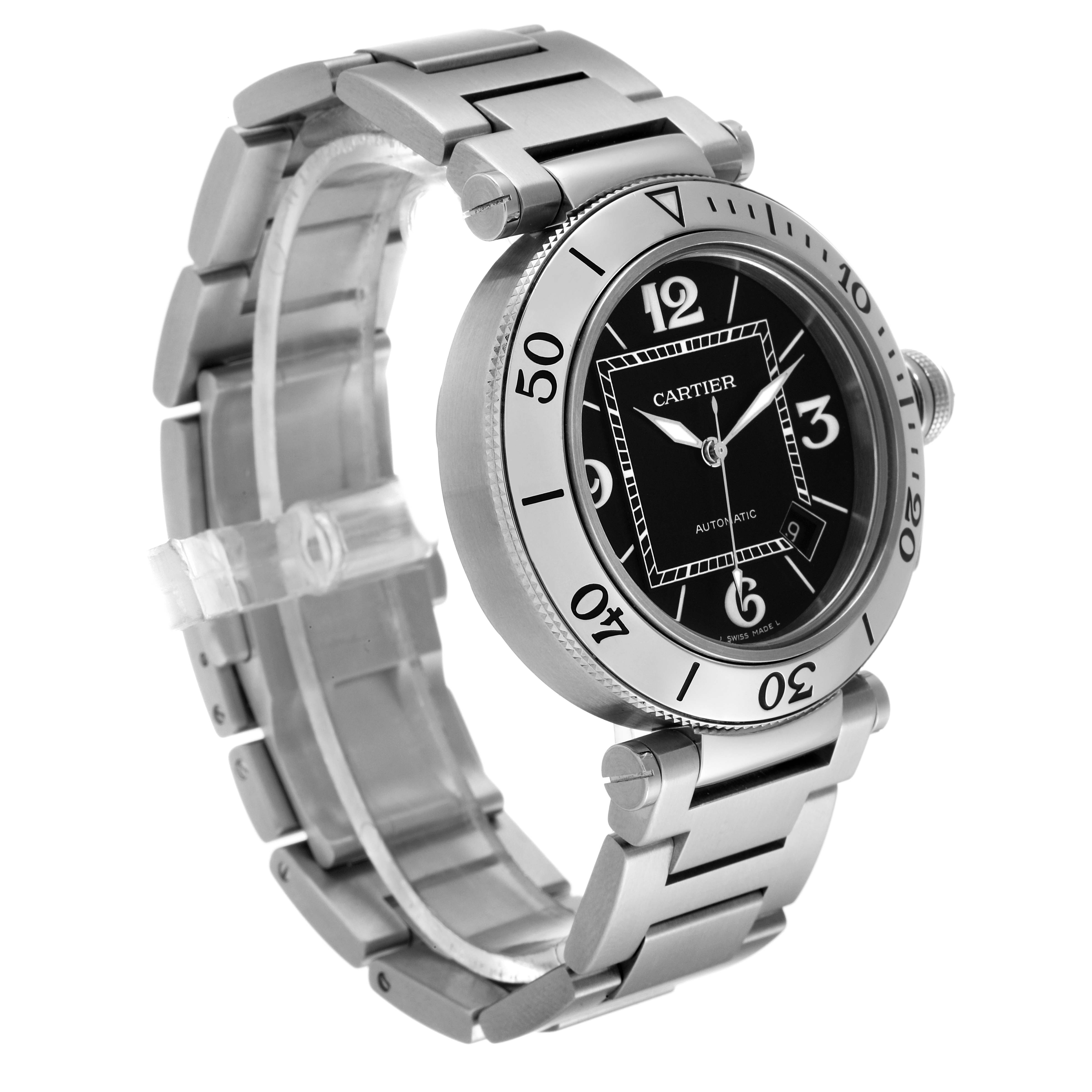 This image shows a Cartier Pasha W31077M7 Men
s Stainless Steel Black Dial W31077M7 Men
s Stainless Steel Black Dial watch from a three-quarter angle, highlighting the bracelet, bezel, and dial.