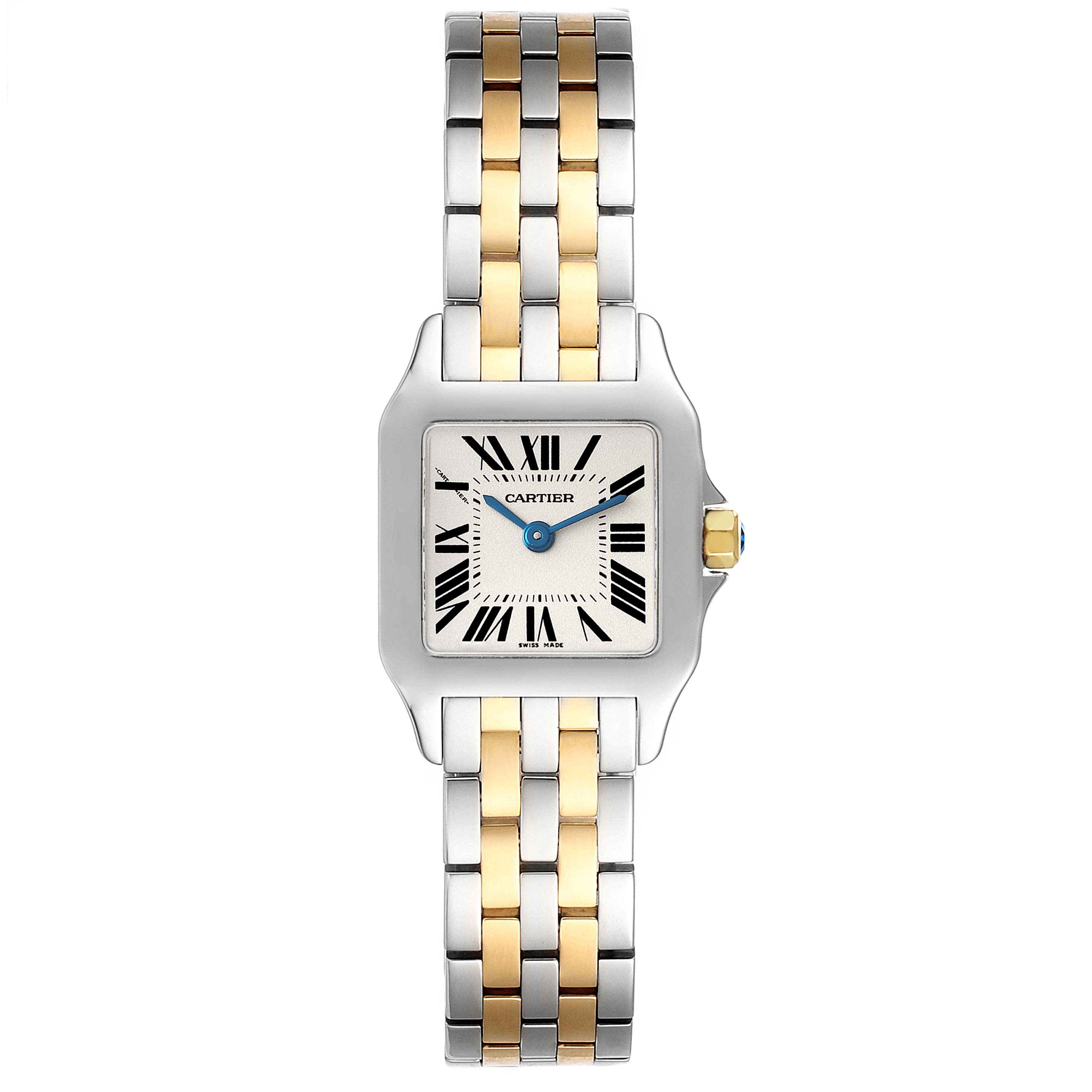 The image shows a front view of the Cartier Santos Demoiselle W25066Z6 Women
s Steel and Gold (two tone) Silver Dial W25066Z6 Women
s Steel and Gold (two tone) Silver Dial watch, featuring a two-tone metal bracelet and a square face with Roman numerals.
