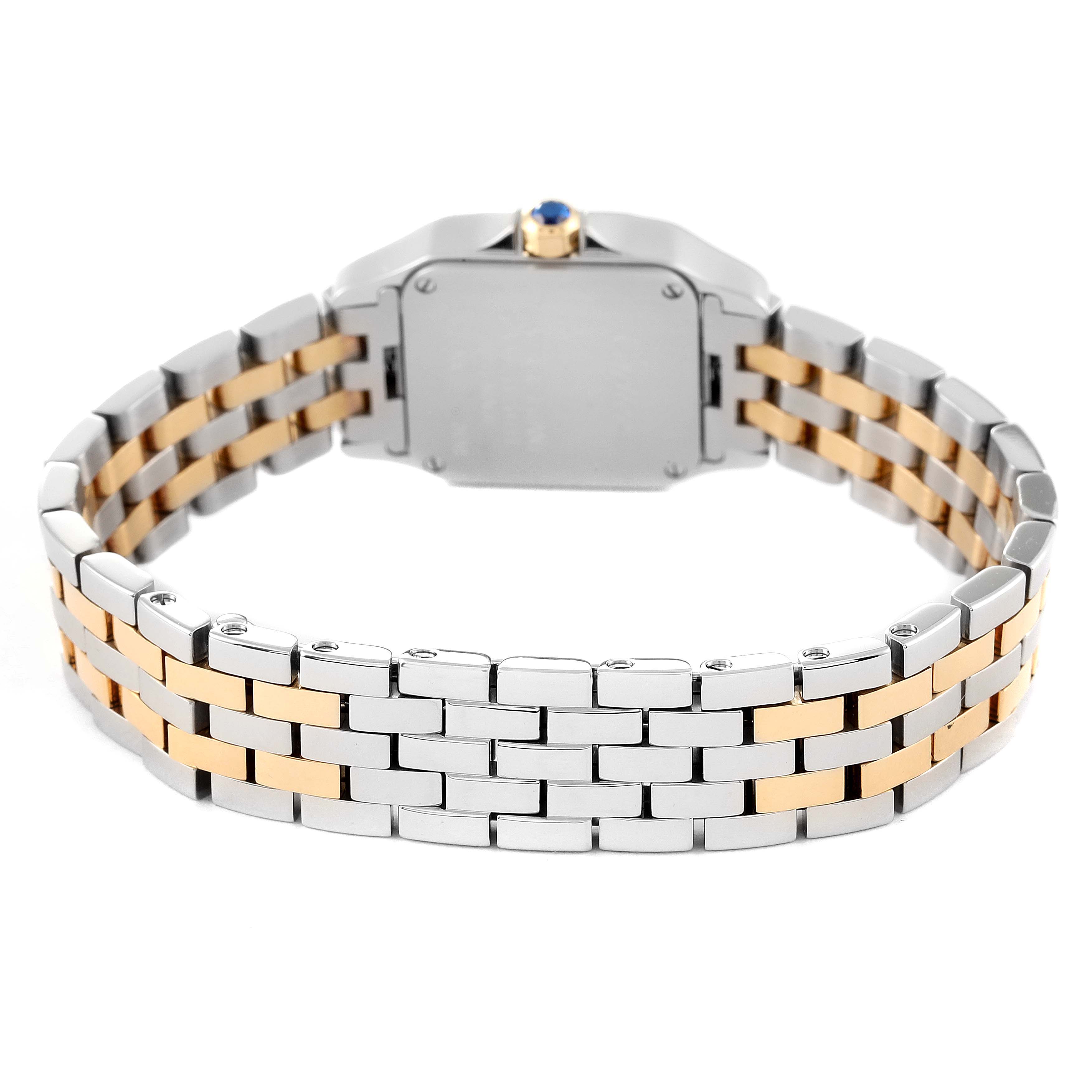 The image shows the back view of the Cartier Santos Demoiselle W25066Z6 Women
s Steel and Gold (two tone) Silver Dial W25066Z6 Women
s Steel and Gold (two tone) Silver Dial watch, highlighting its case and bicolor bracelet.