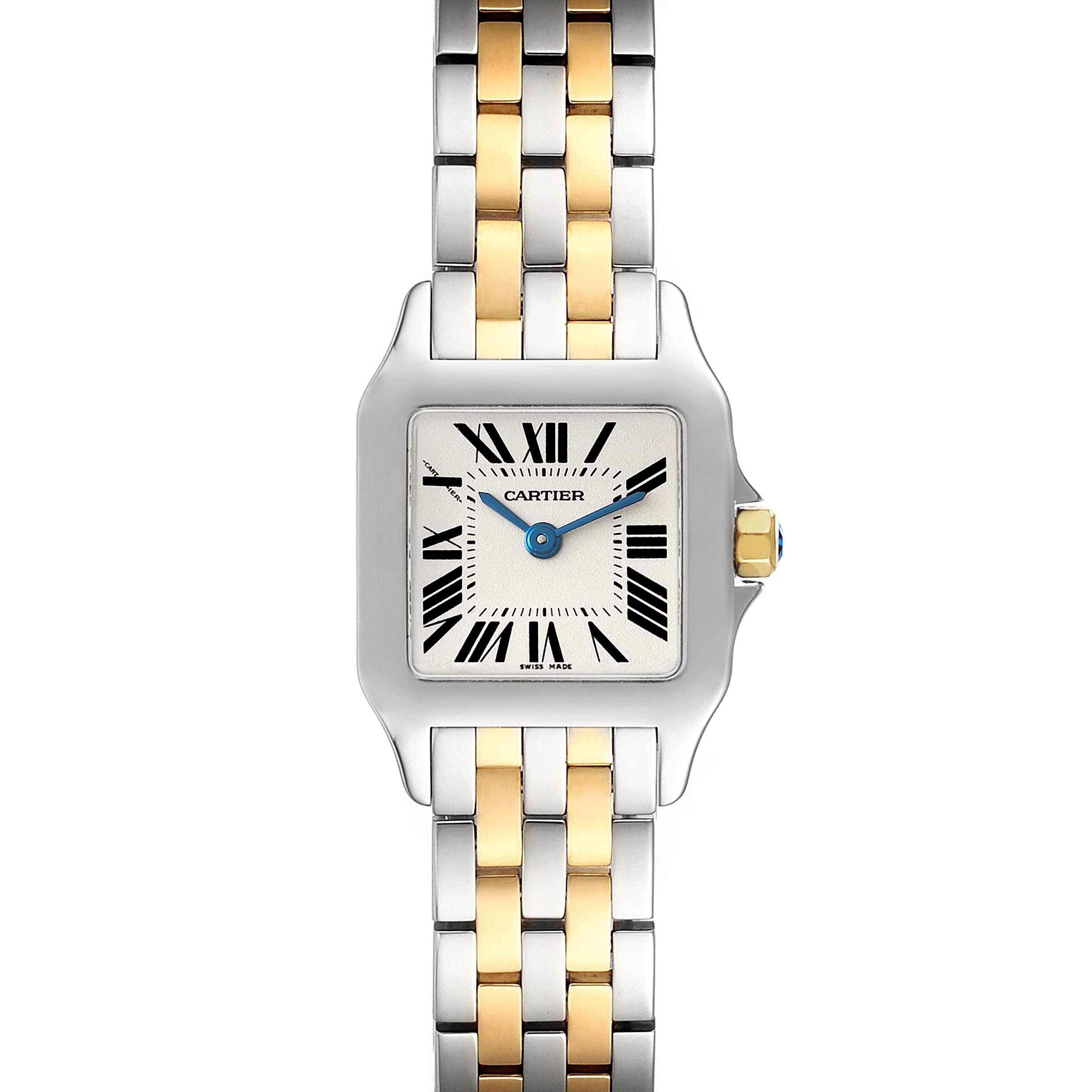 This image shows a frontal view of the Santos Demoiselle watch by Cartier, highlighting its dial, bezel, and two-tone band.