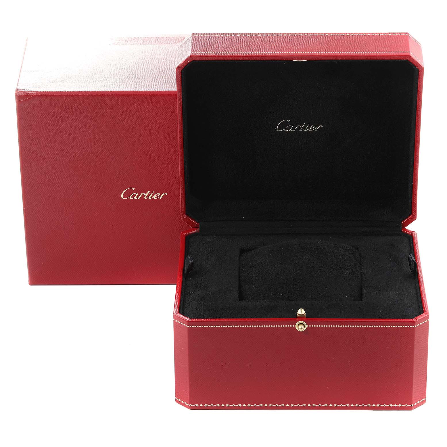 The image shows an open red Cartier watch box, likely for the Santos Demoiselle model, with black interior lining.