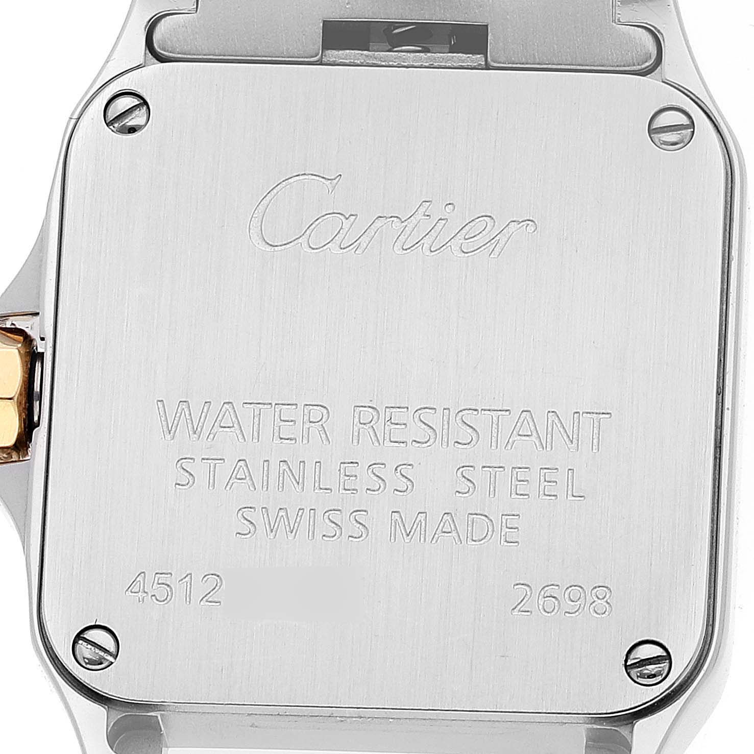 This is the case back of the Santos Demoiselle model by Cartier, showing its water resistance and stainless steel details.