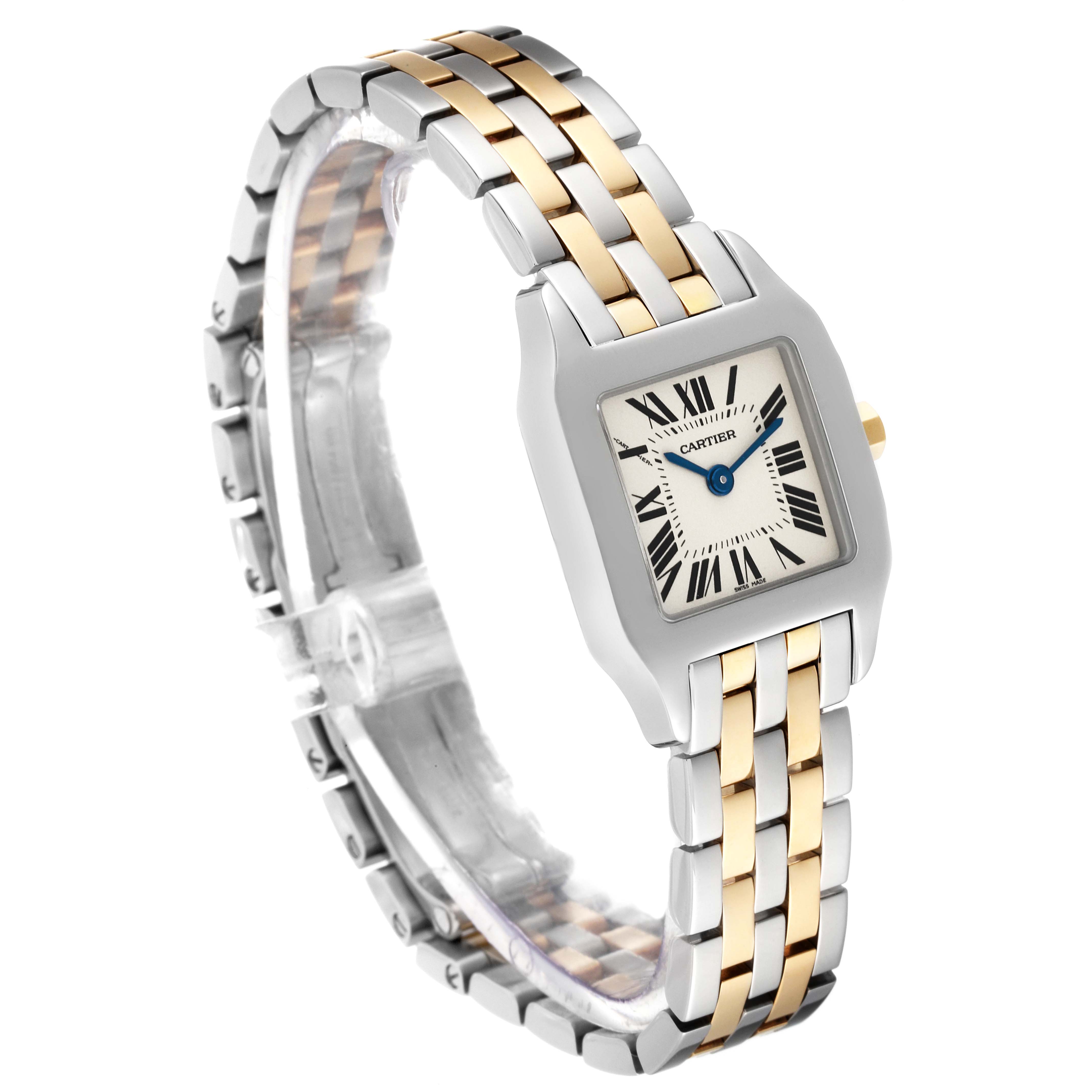 The image shows a Cartier Santos Demoiselle W25066Z6 Women
s Steel and Gold (two tone) Silver Dial W25066Z6 Women
s Steel and Gold (two tone) Silver Dial watch at a three-quarter angle, displaying the face and part of the band.