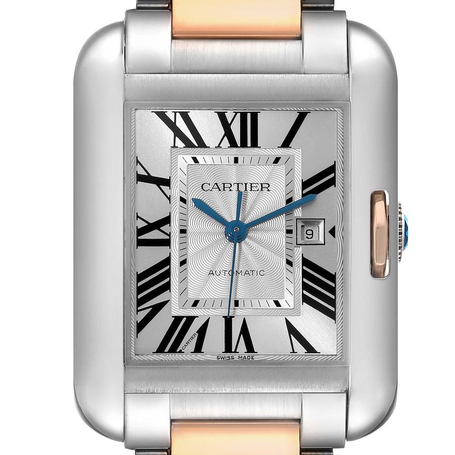 The Cartier Tank Anglaise watch is shown from the front, highlighting its rectangular face, Roman numerals, and date window.