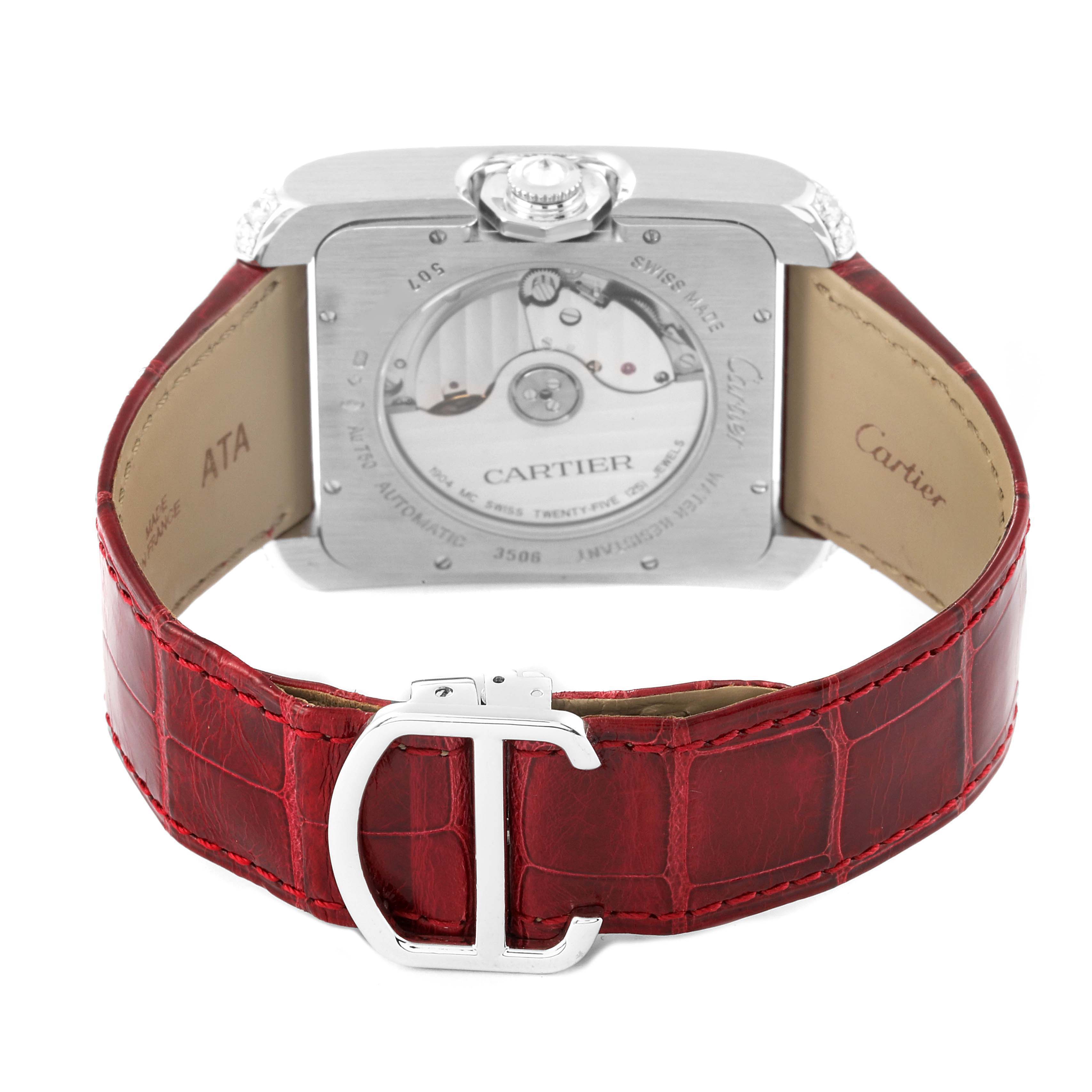 This image shows the back view of a Cartier Tank Anglaise WT100023 Men's White Gold Silver Dial WT100023 Men's White Gold Silver Dial watch, highlighting its movement and red leather strap.