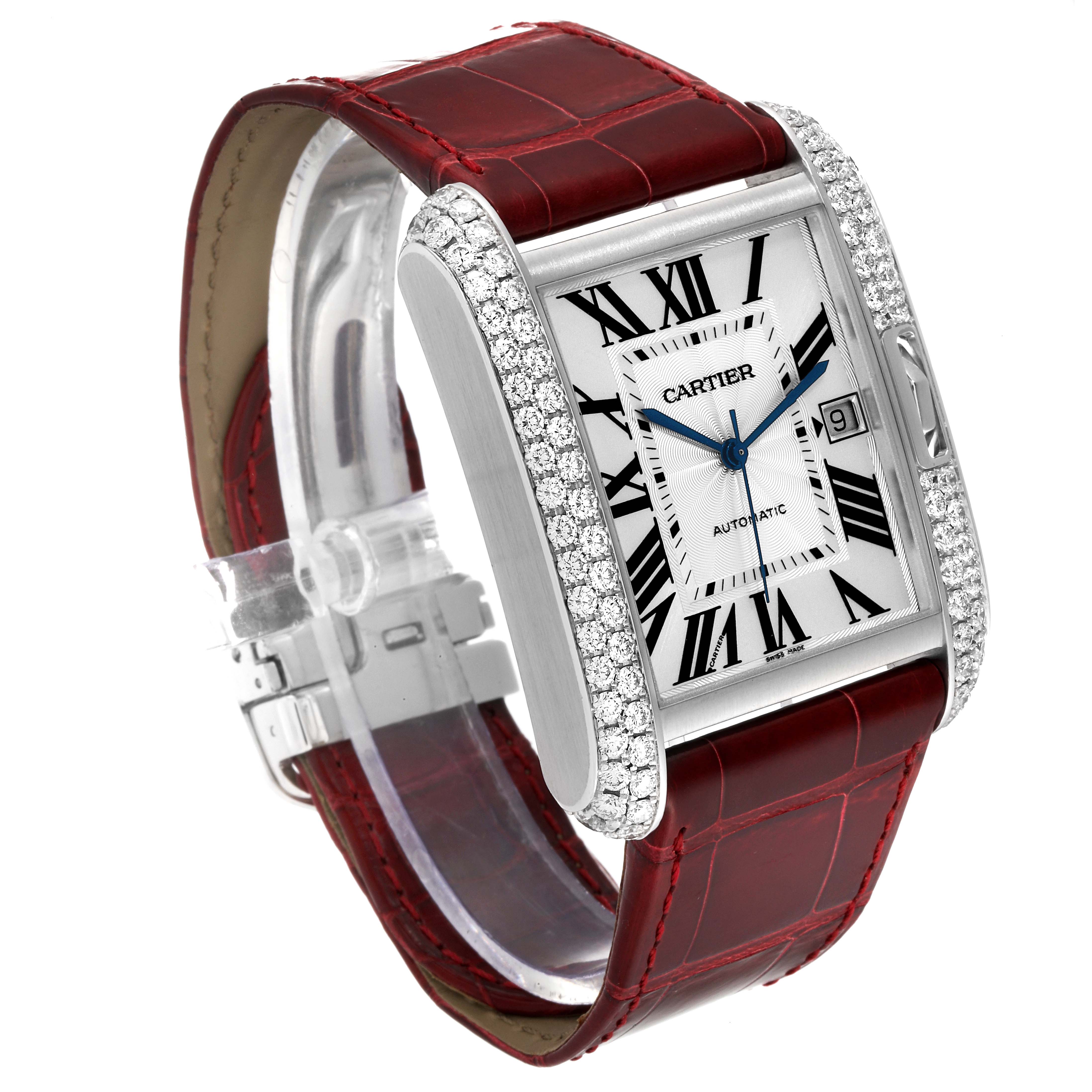 This Cartier Tank Anglaise WT100023 Men's White Gold Silver Dial WT100023 Men's White Gold Silver Dial watch is shown at a three-quarter angle, highlighting its face, diamond bezel, and red leather strap.