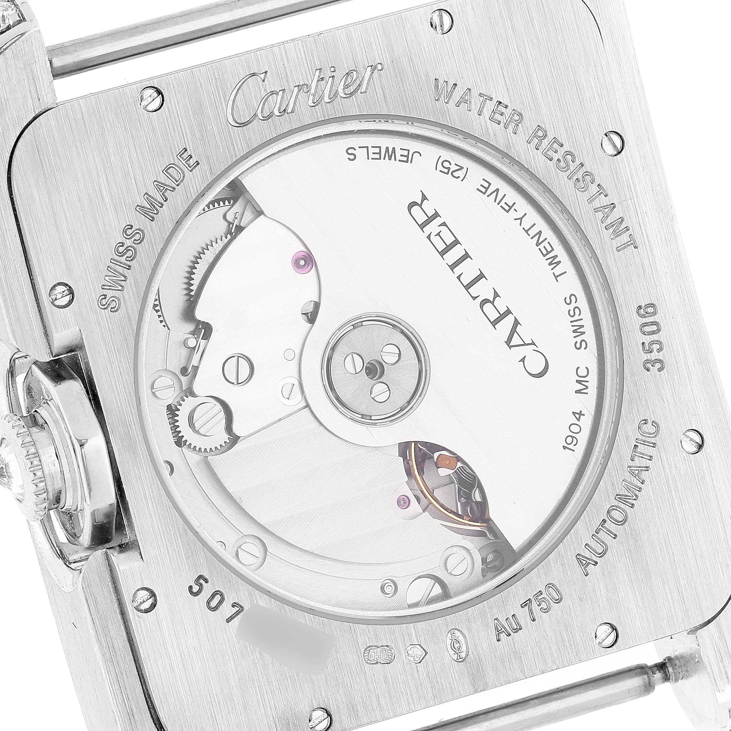 This image shows the back view of the Cartier Tank Anglaise WT100023 Men's White Gold Silver Dial WT100023 Men's White Gold Silver Dial watch, displaying the automatic movement and casing details.