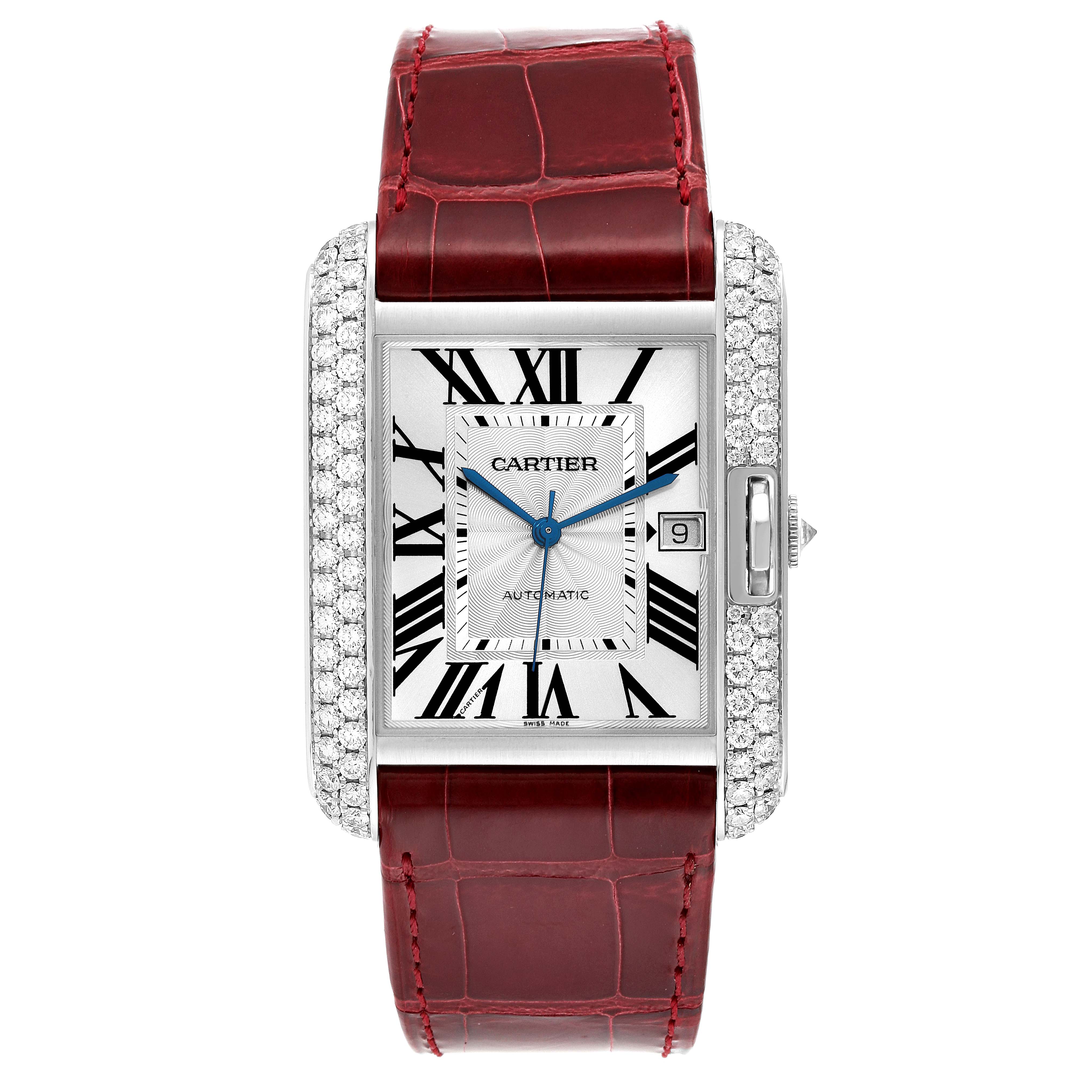 The image shows a frontal view of the Cartier Tank Anglaise WT100023 Men's White Gold Silver Dial WT100023 Men's White Gold Silver Dial watch, featuring a rectangular face, Roman numerals, date window, and leather strap.