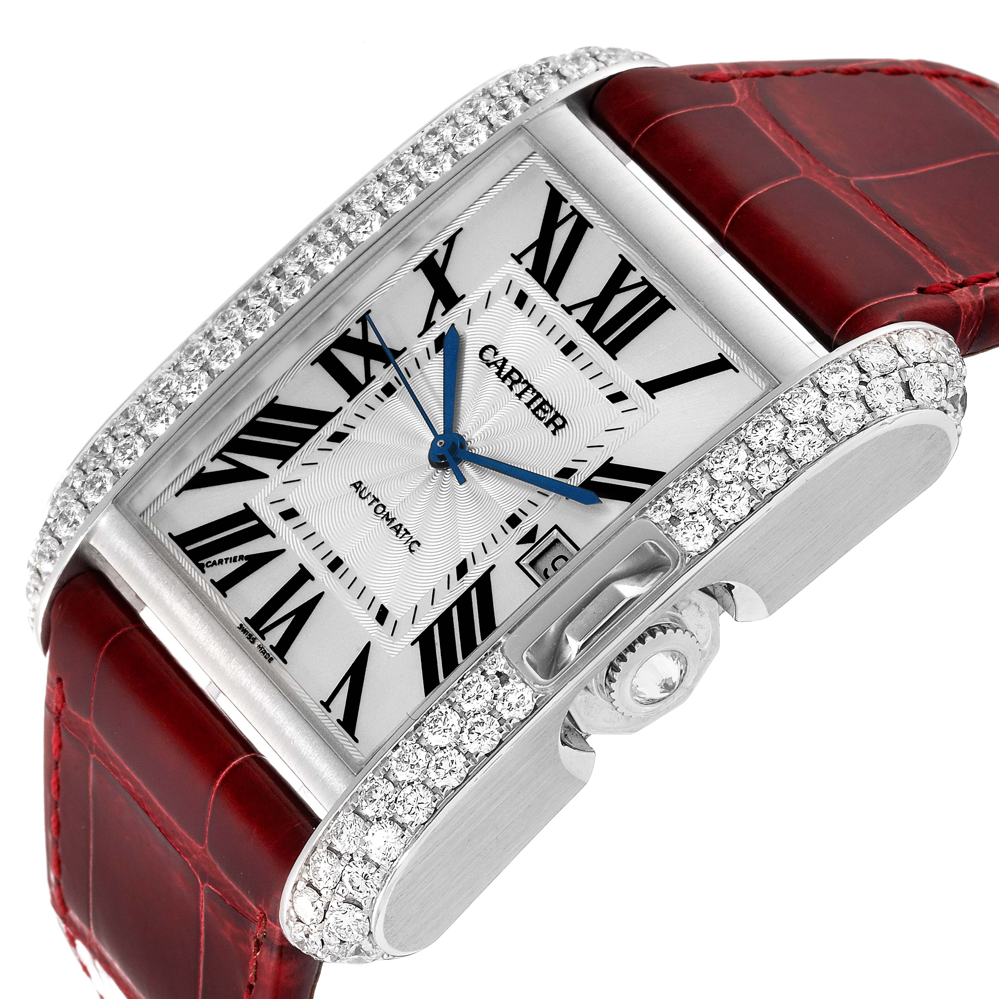 The Cartier Tank Anglaise WT100023 Men's White Gold Silver Dial WT100023 Men's White Gold Silver Dial watch is shown at an angled close-up, highlighting the bezel, crown, dial, and strap. 