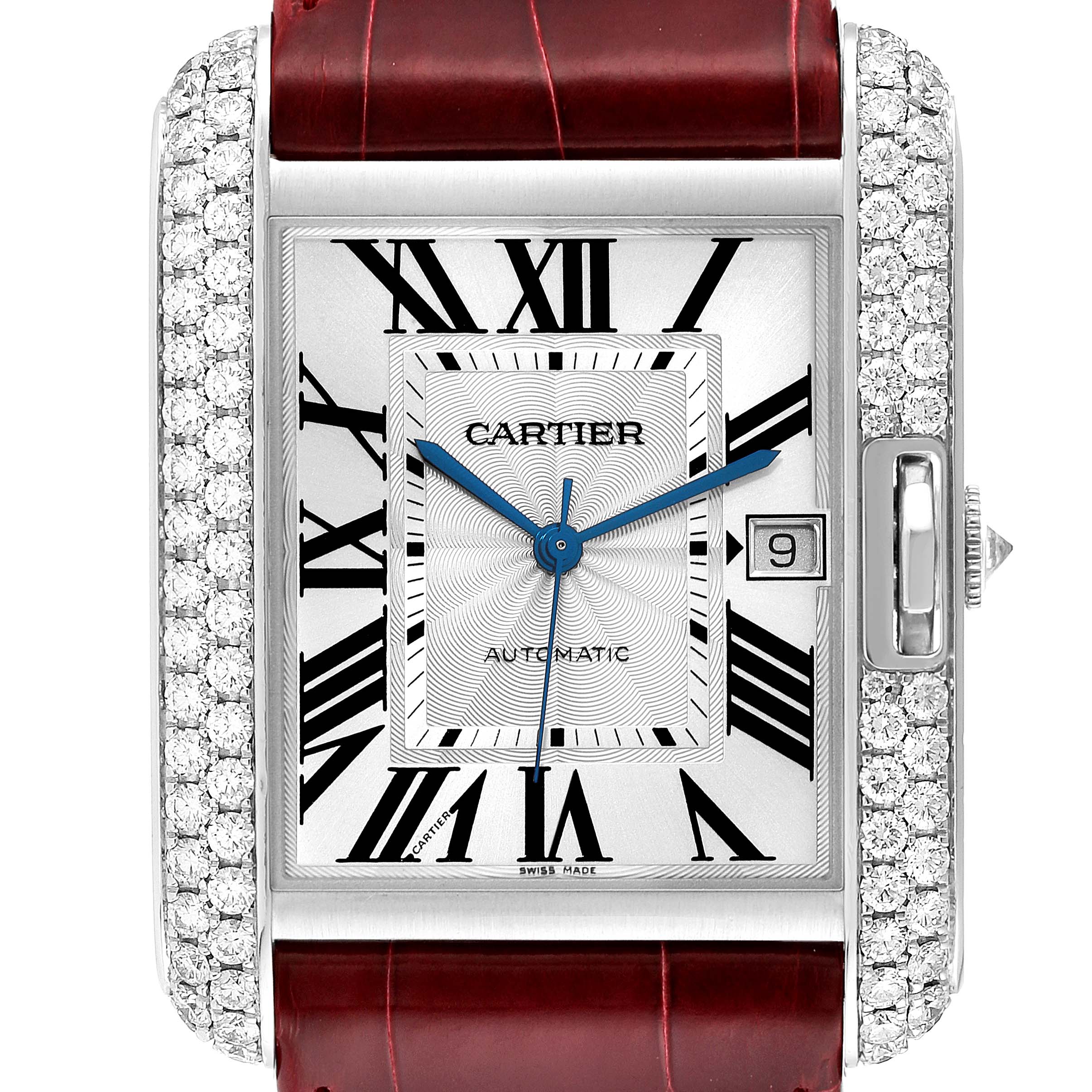 This image shows a close-up, front view of a Cartier Tank Anglaise WT100023 Men's White Gold Silver Dial WT100023 Men's White Gold Silver Dial watch face, focusing on the dial, hands, date window, and part of the strap.