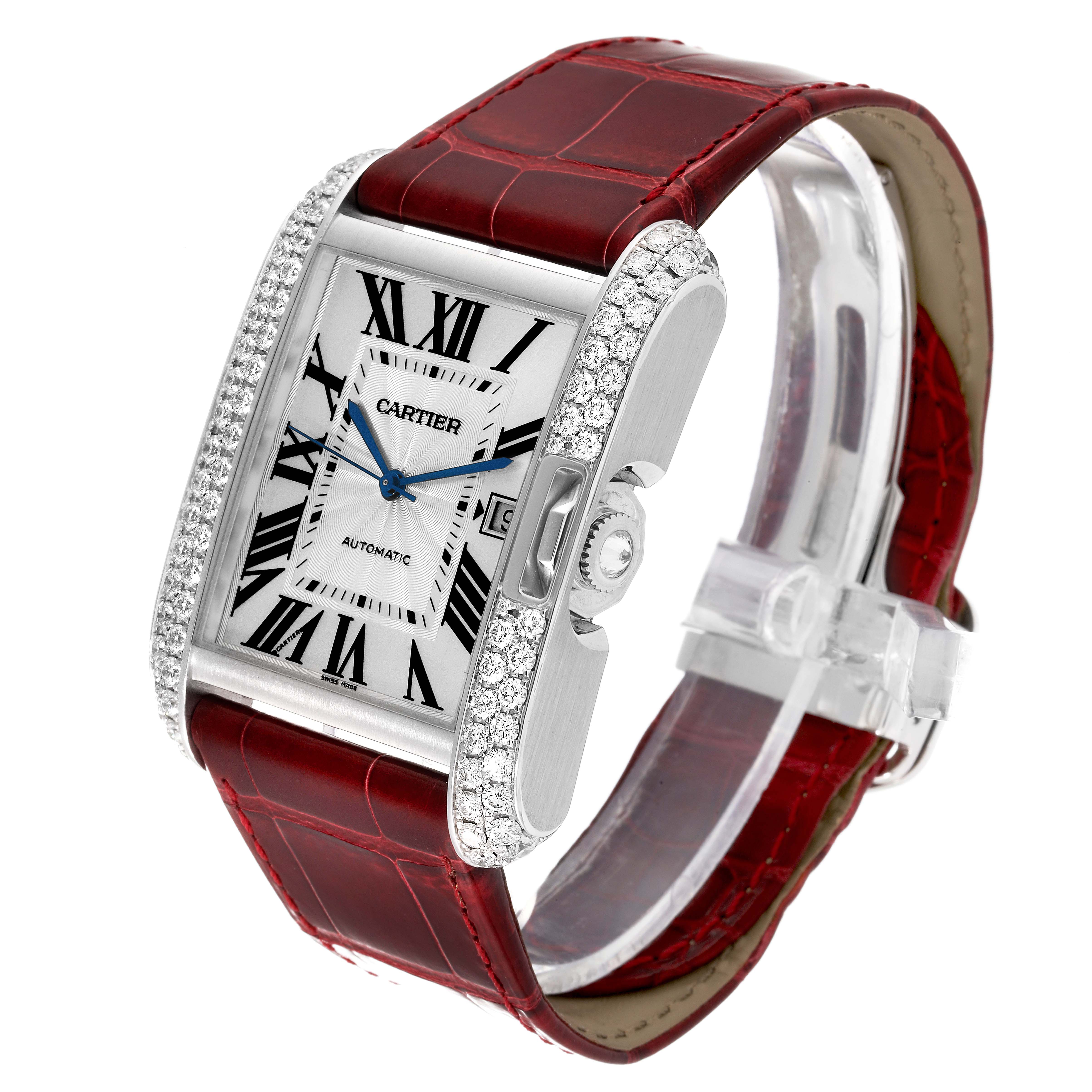 The Cartier Tank Anglaise WT100023 Men's White Gold Silver Dial WT100023 Men's White Gold Silver Dial watch is shown from a three-quarter angle, highlighting the face, bezel, and strap.