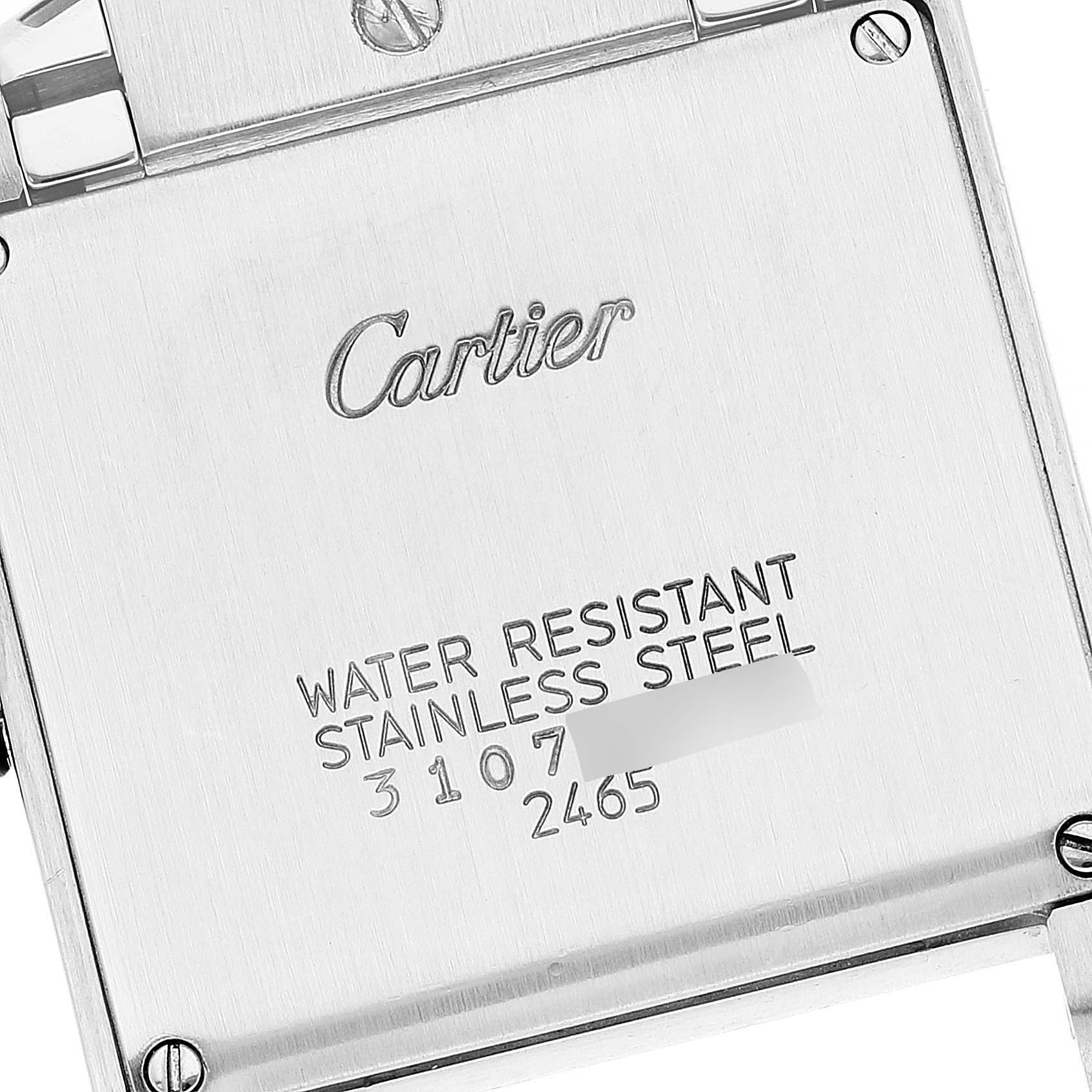 This image shows the backside of a Cartier Tank Francaise W51012Q4 Women's Steel and Gold (two tone) Silver Dial W51012Q4 Women's Steel and Gold (two tone) Silver Dial watch, highlighting its stainless steel case and water resistance markings.