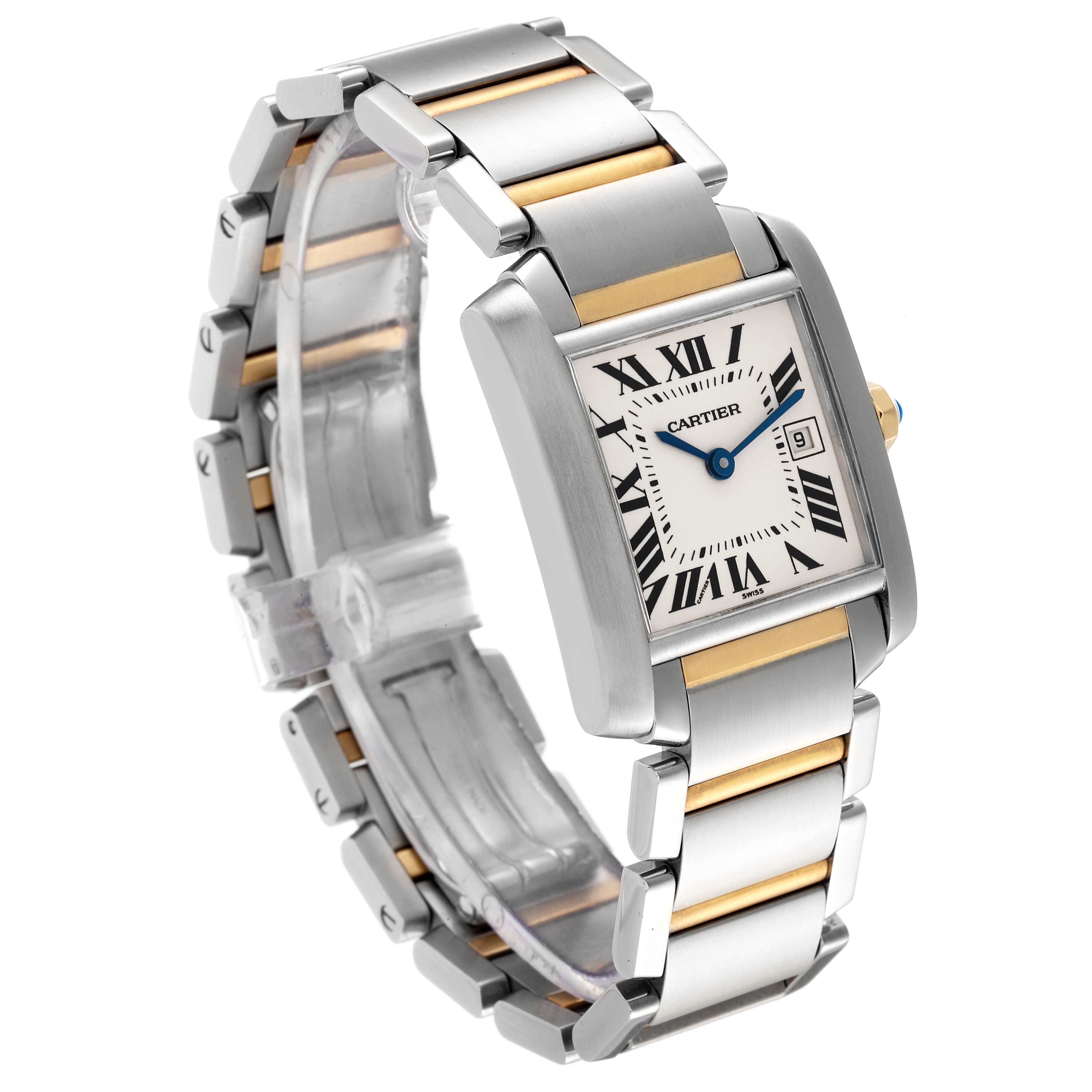 The Cartier Tank Française watch is shown at a three-quarter angle, displaying its rectangular face, Roman numerals, and two-tone bracelet.