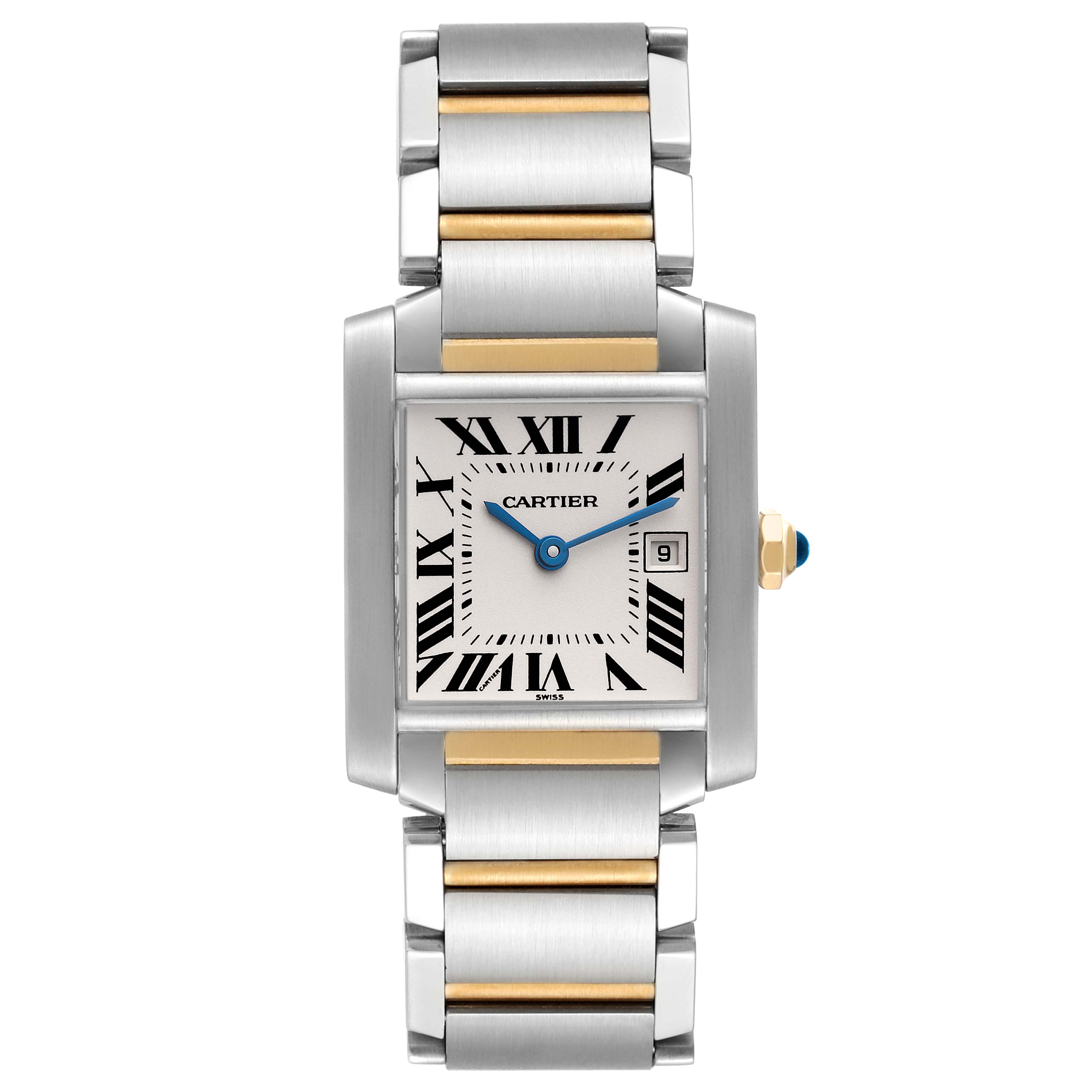The image shows a front view of the Cartier Tank Francaise W51012Q4 Women's Steel and Gold (two tone) Silver Dial W51012Q4 Women's Steel and Gold (two tone) Silver Dial watch, highlighting its face, bracelet, and crown.