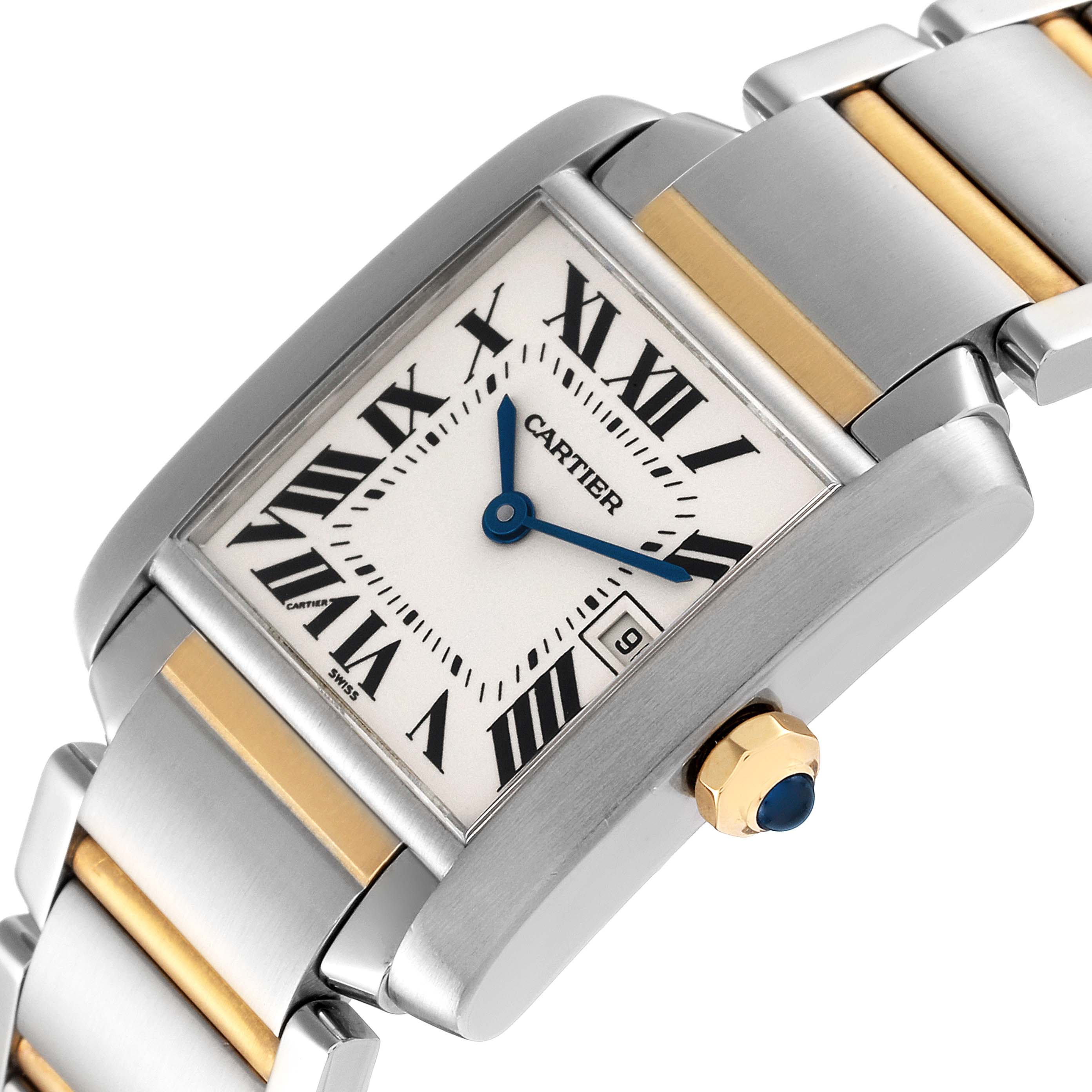 This Cartier Tank Francaise W51012Q4 Women's Steel and Gold (two tone) Silver Dial W51012Q4 Women's Steel and Gold (two tone) Silver Dial watch is shown at an angled view, highlighting its face, Roman numerals, blued hands, and metal bracelet.