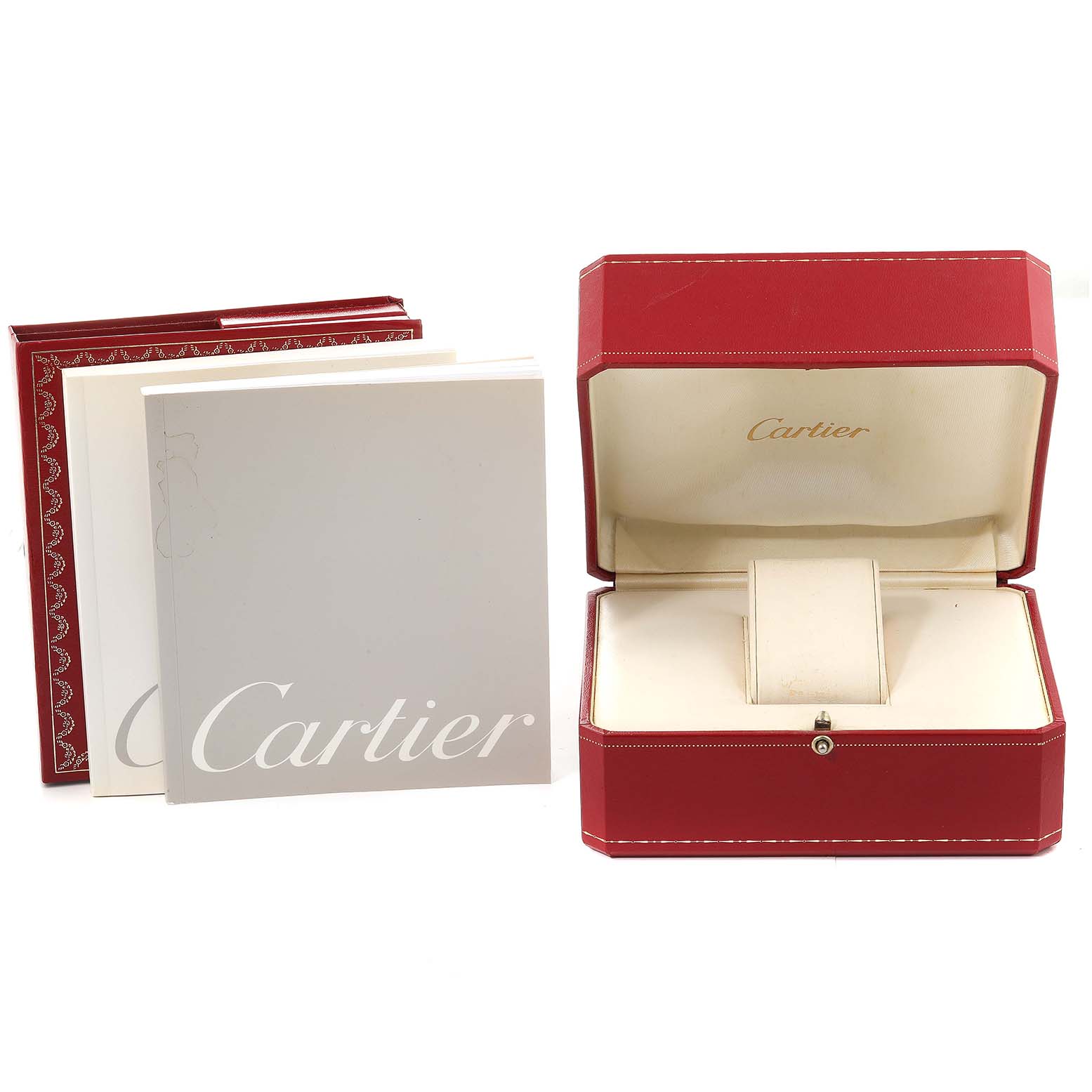 The image shows the packaging, manuals, and an opened red case for a Cartier Tank Francaise W51012Q4 Women's Steel and Gold (two tone) Silver Dial W51012Q4 Women's Steel and Gold (two tone) Silver Dial watch.