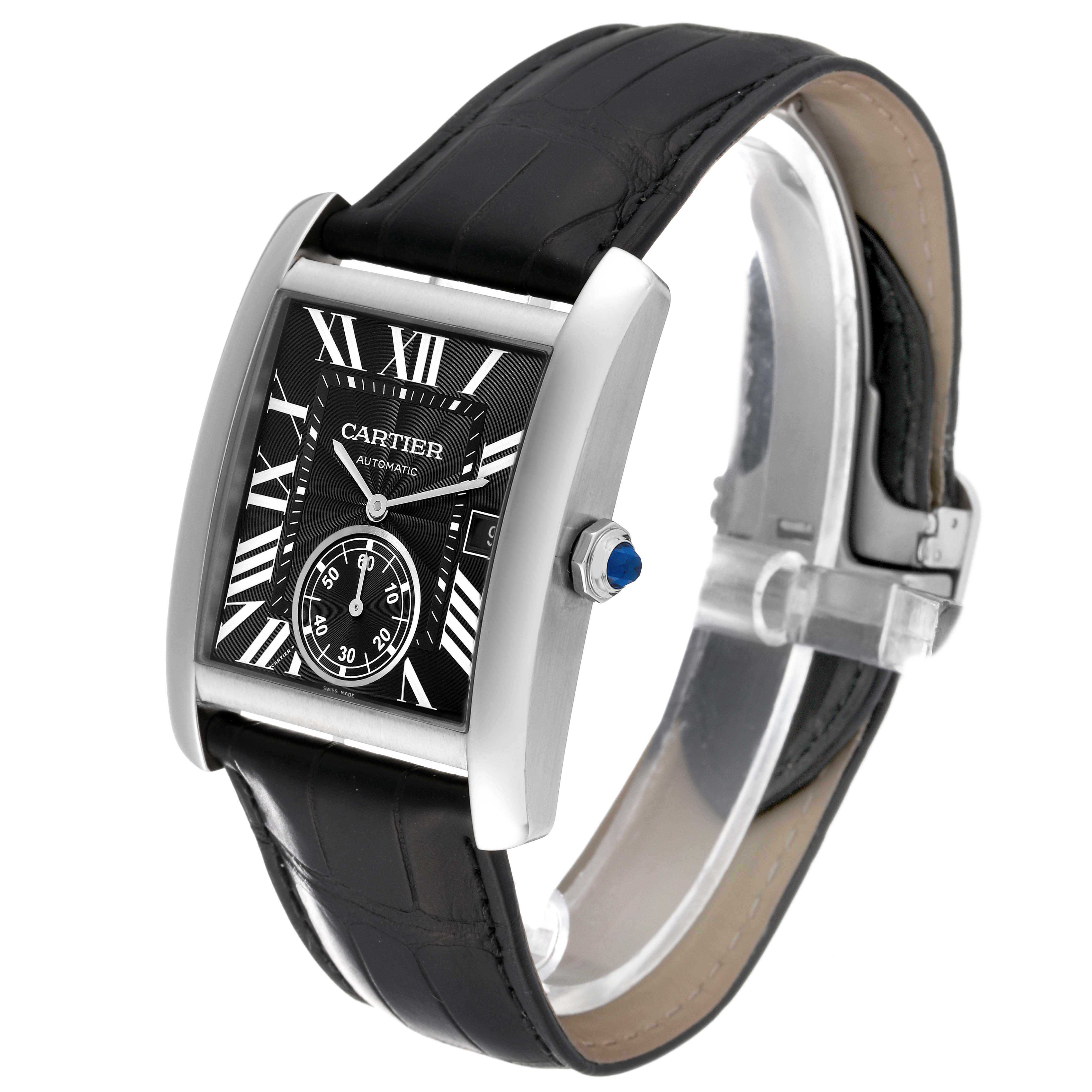 The Cartier Tank MC W5330004 Men
s Stainless Steel Black Dial W5330004 Men
s Stainless Steel Black Dial watch is shown at a slight angle, detailing the face, crown, and black leather band.