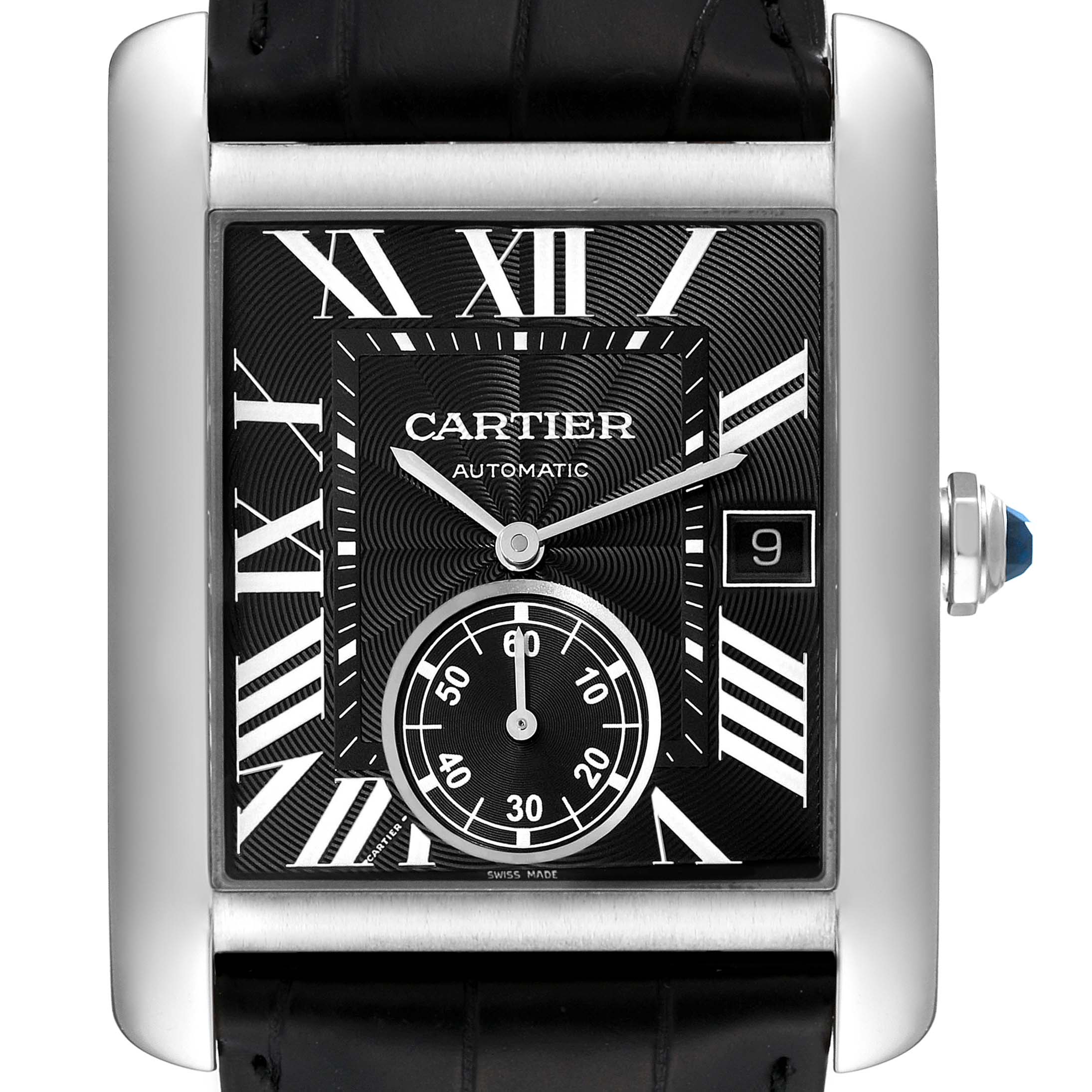 This image shows a frontal view of the Cartier Tank MC W5330004 Men
s Stainless Steel Black Dial W5330004 Men
s Stainless Steel Black Dial watch, highlighting the face, case, and crown.