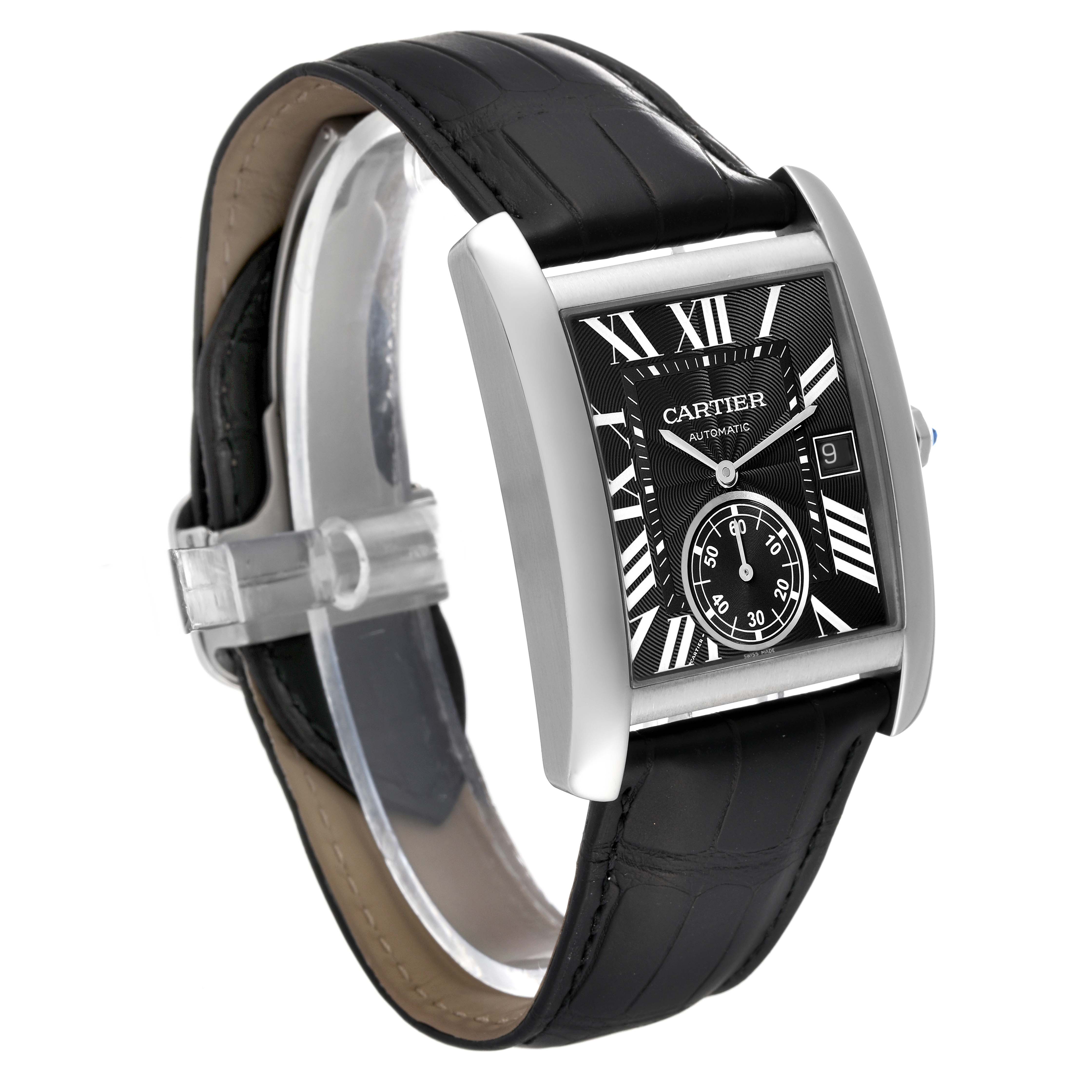 The Cartier Tank MC W5330004 Men
s Stainless Steel Black Dial W5330004 Men
s Stainless Steel Black Dial watch is shown at a three-quarter angle, highlighting the face, case, and strap.
