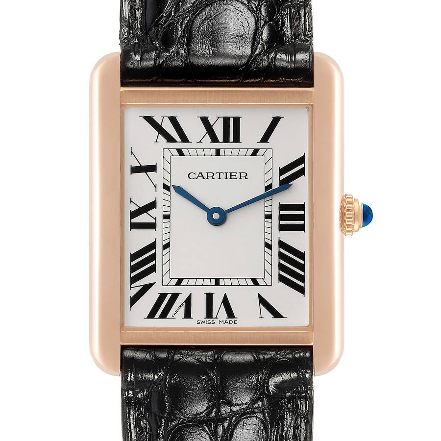 The Cartier Tank Solo watch is shown from the front, displaying its rectangular dial, Roman numerals, blue hands, and black leather strap.