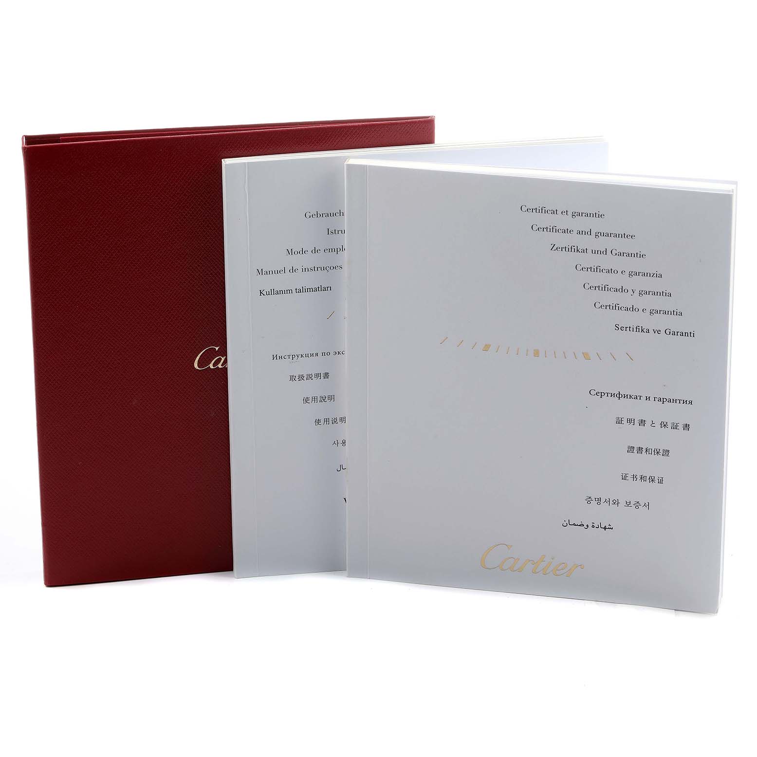 The image shows the Cartier Tank Solo W5200013 Women's Stainless Steel Silver Dial's certificates and manuals in red and white packaging.