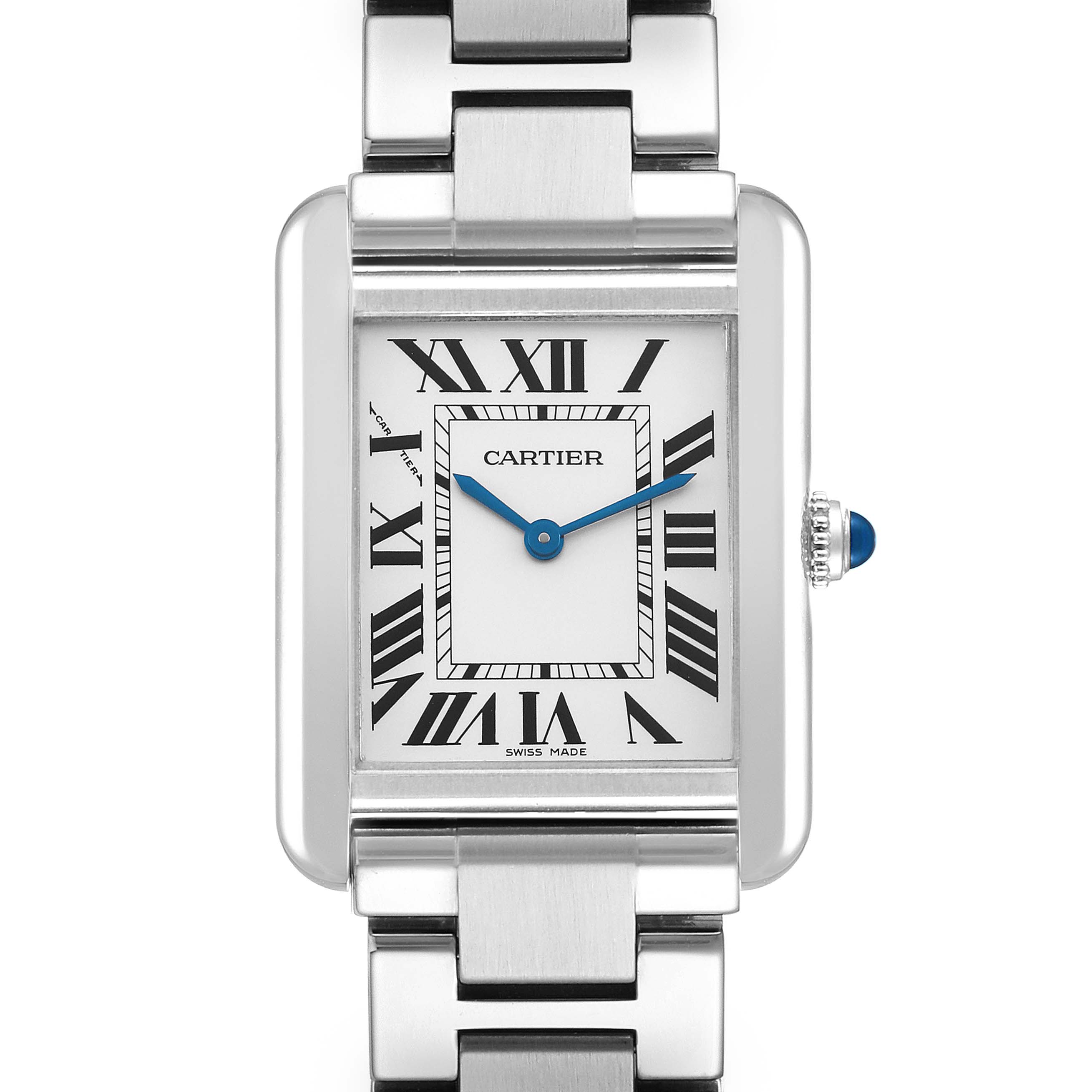 The Cartier Tank Solo W5200013 Women's Stainless Steel Silver Dial watch is shown from a front angle, displaying its rectangular face, Roman numerals, and metal bracelet.