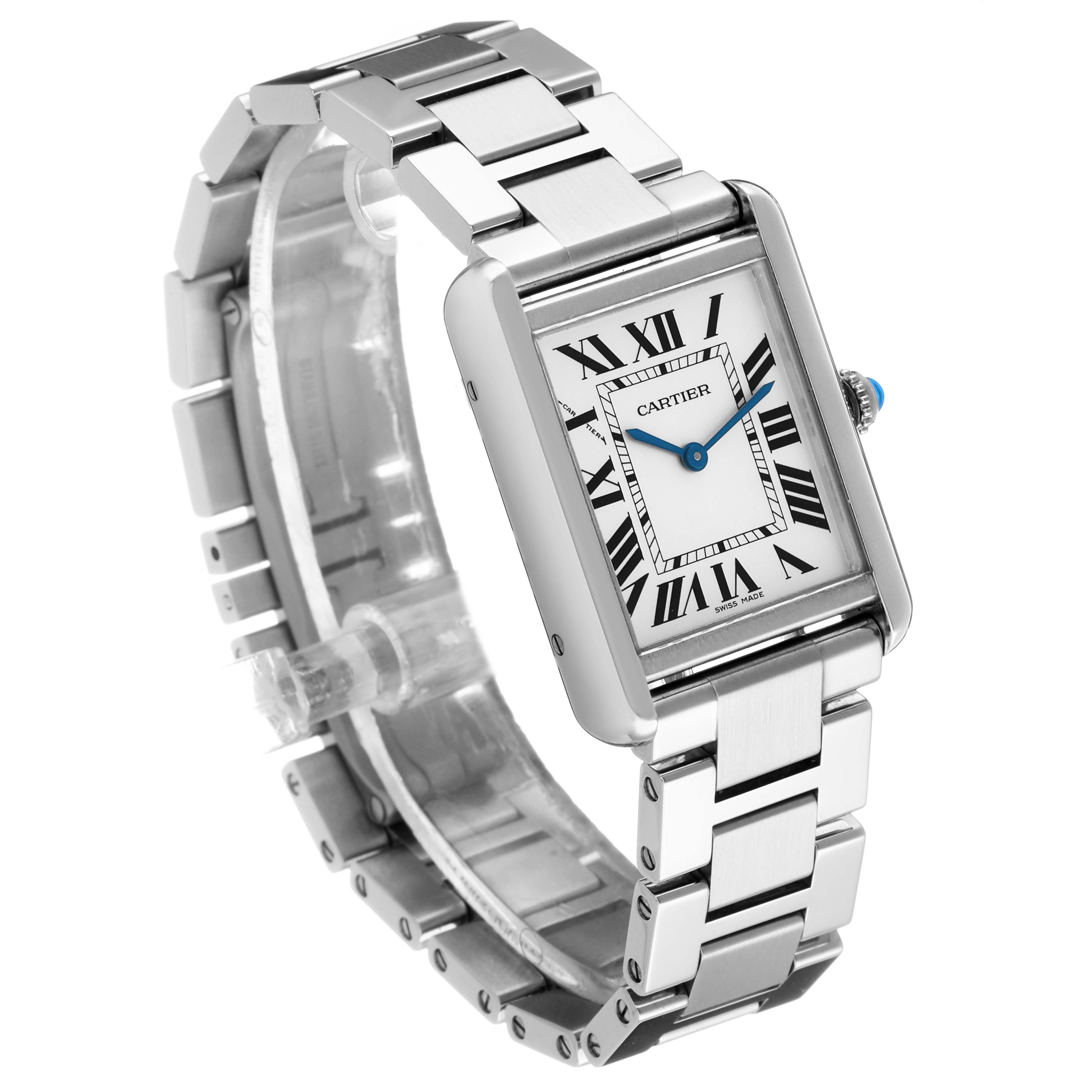 The Cartier Tank Solo W5200013 Women's Stainless Steel Silver Dial watch is shown at a slight angle displaying the face, Roman numerals, blue hands, and metal bracelet.