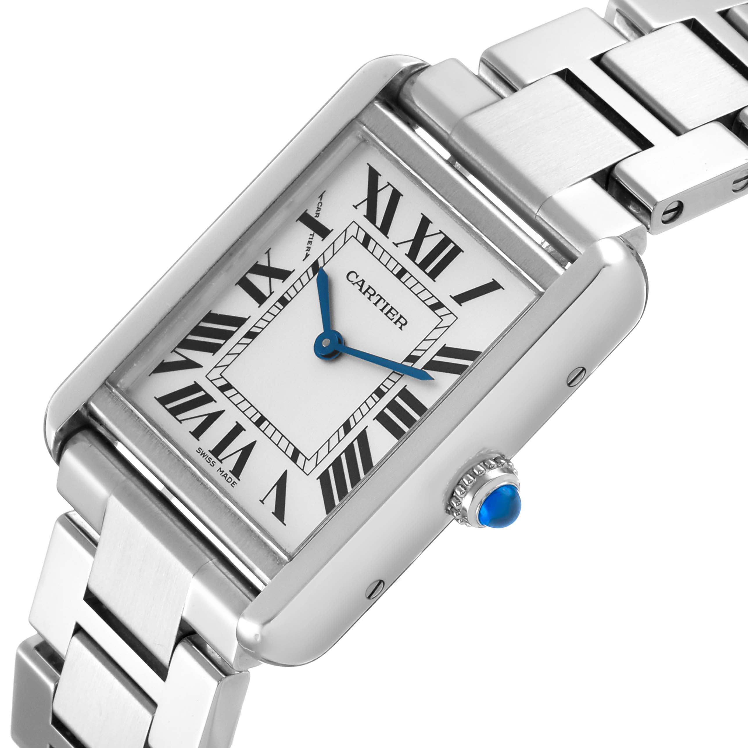 The Cartier Tank Solo W5200013 Women's Stainless Steel Silver Dial watch is shown at a tilted angle, displaying the face, Roman numerals, blue hands, crown, and part of the bracelet.