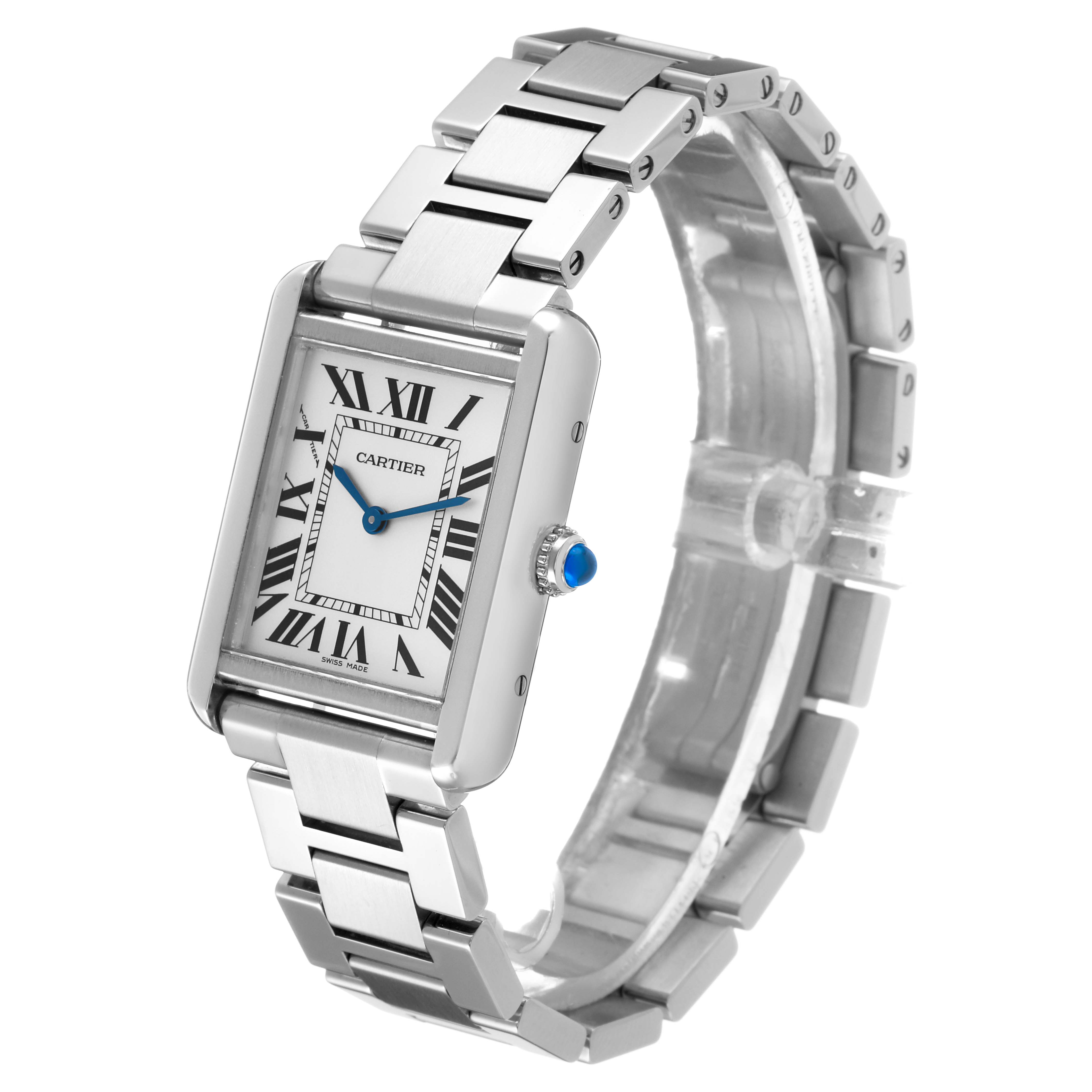 The Cartier Tank Solo W5200013 Women's Stainless Steel Silver Dial watch is shown at an angled view, highlighting its face, Roman numerals, bracelet, and blue cabochon crown.