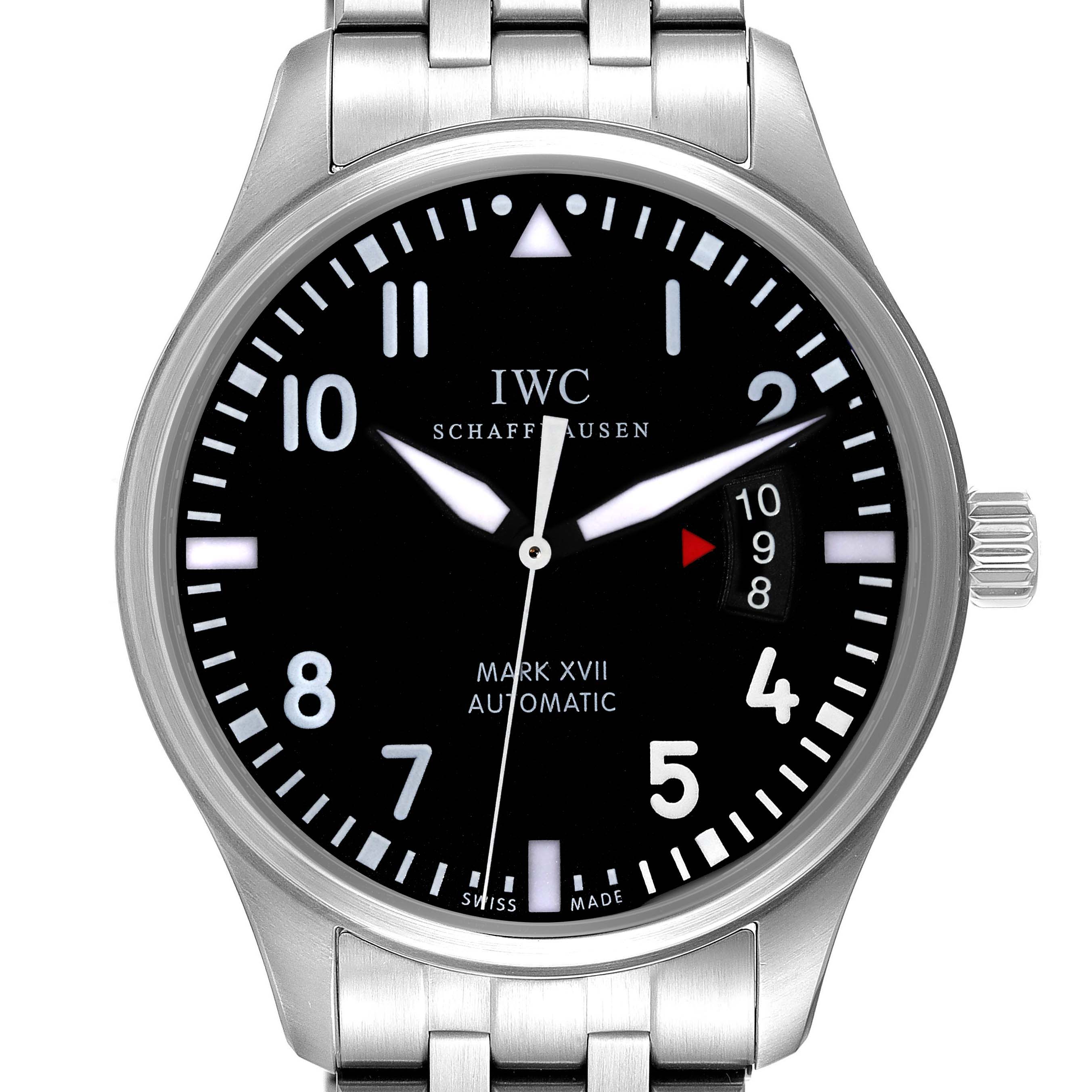The image shows a front view of an IWC Pilot IW326504 Men's Stainless Steel Black Dial IW326504 Men's Stainless Steel Black Dial model watch, displaying the dial, hands, date window, and part of the bracelet.