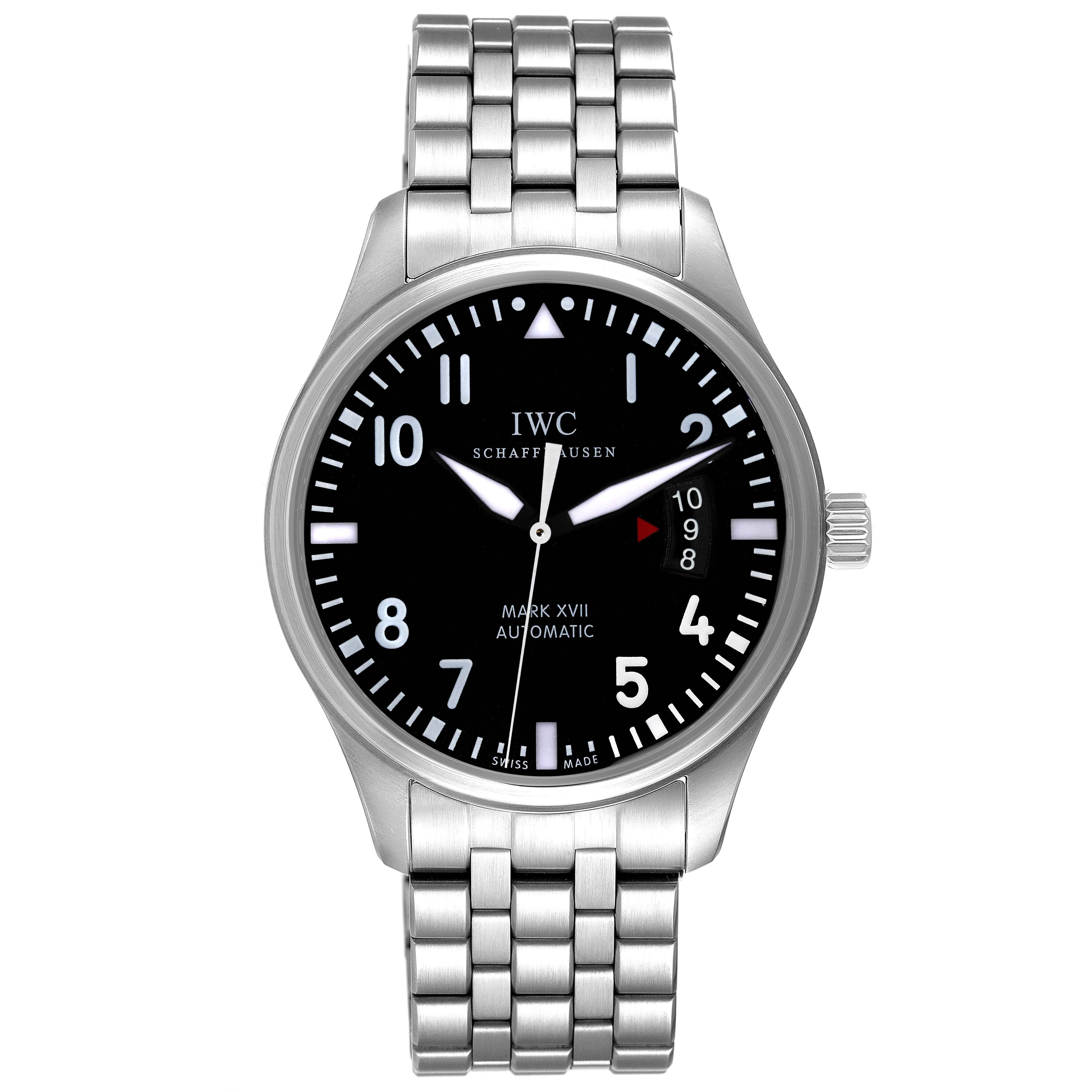 The image shows a front view of the IWC Pilot IW326504 Men's Stainless Steel Black Dial IW326504 Men's Stainless Steel Black Dial Mark XVII watch, featuring a black dial, white numerals, and a stainless steel bracelet.