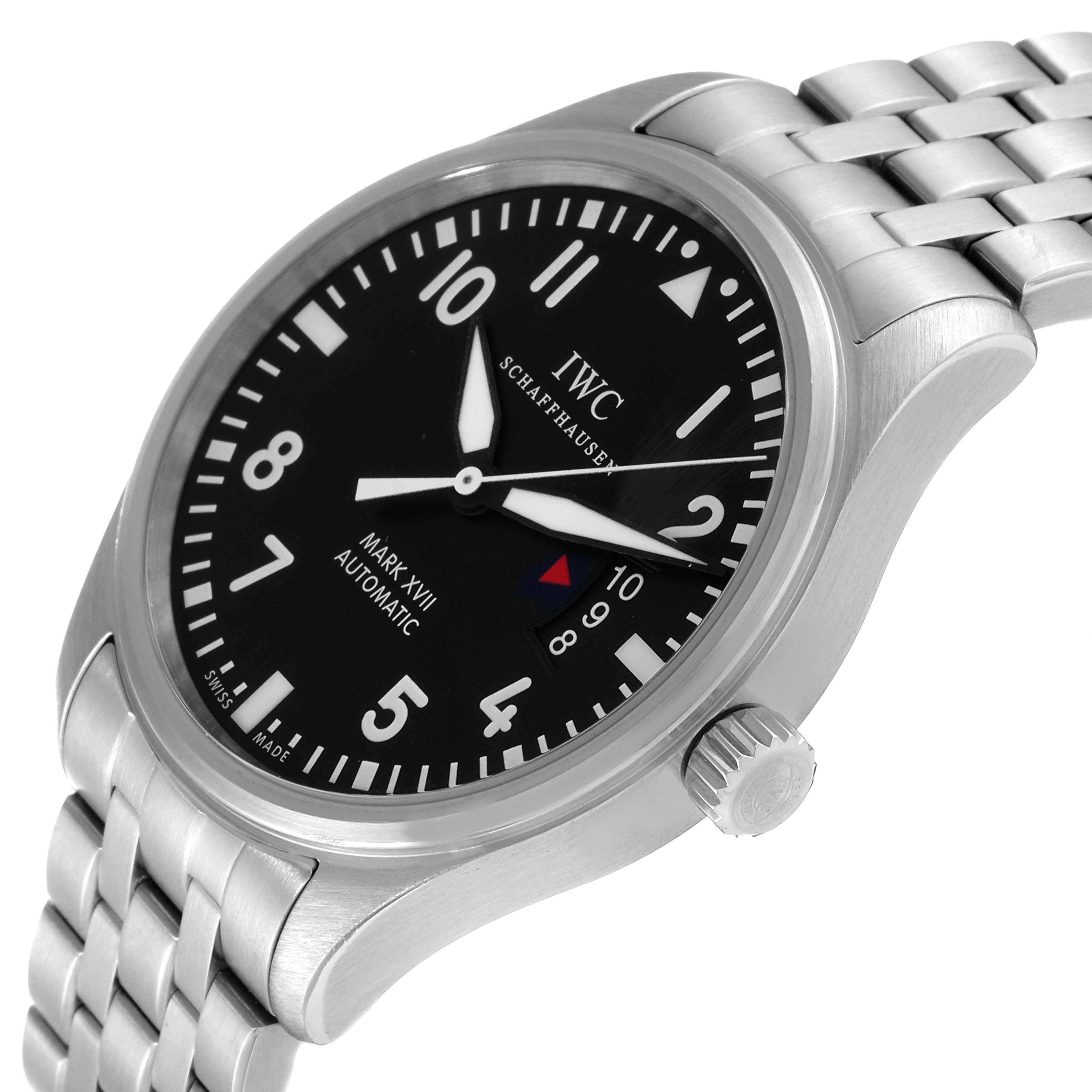 The image shows a close-up angled view of the IWC Pilot IW326504 Men's Stainless Steel Black Dial IW326504 Men's Stainless Steel Black Dial Mark XVIII watch, focusing on the dial, crown, and metal bracelet.
