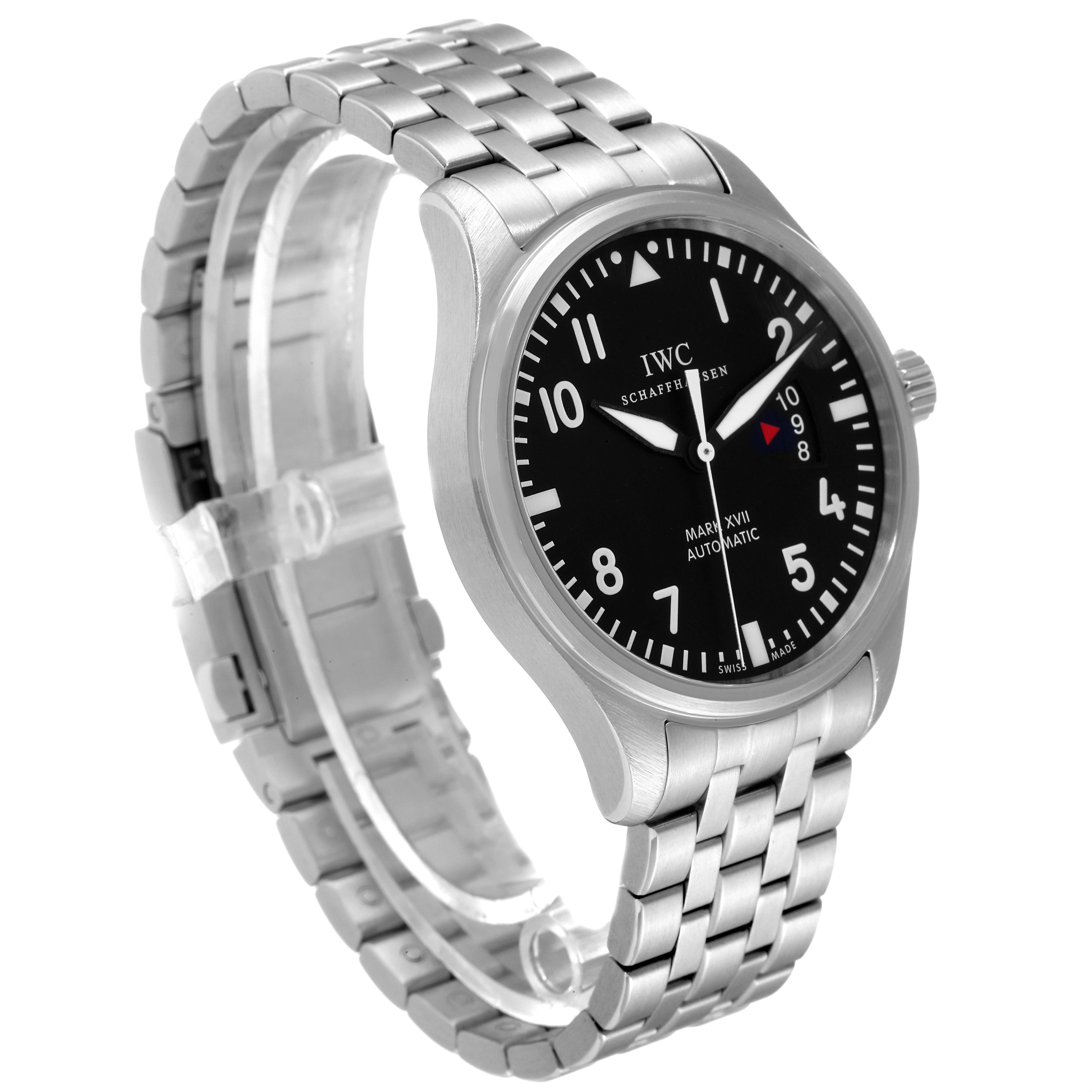 The image shows an IWC Pilot IW326504 Men's Stainless Steel Black Dial IW326504 Men's Stainless Steel Black Dial Mark XVII watch from a side angle, highlighting the black dial, stainless steel case, and bracelet.