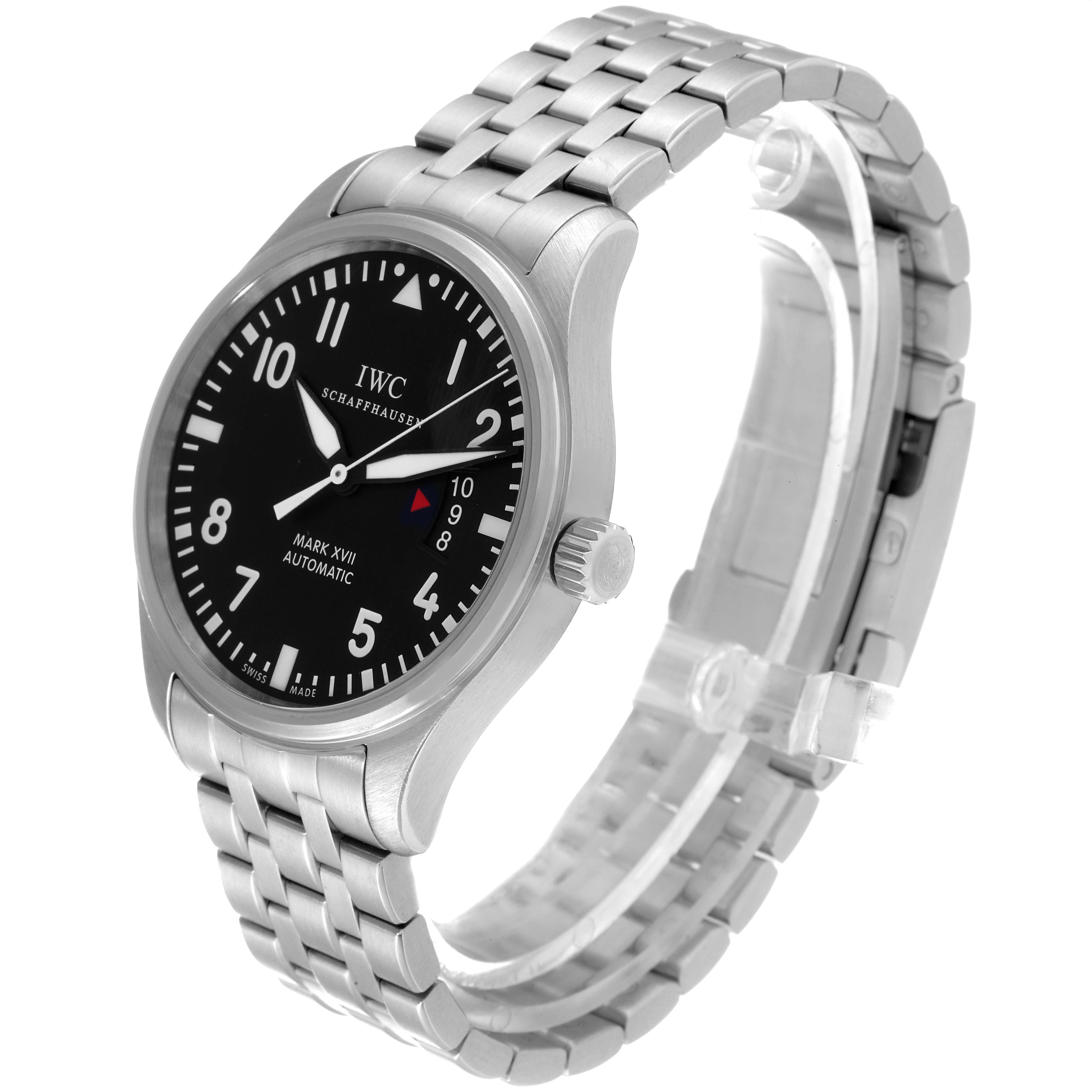 The image shows a side angle view of an IWC Pilot IW326504 Men's Stainless Steel Black Dial IW326504 Men's Stainless Steel Black Dial Mark XVII watch, highlighting the dial, crown, and metal bracelet.