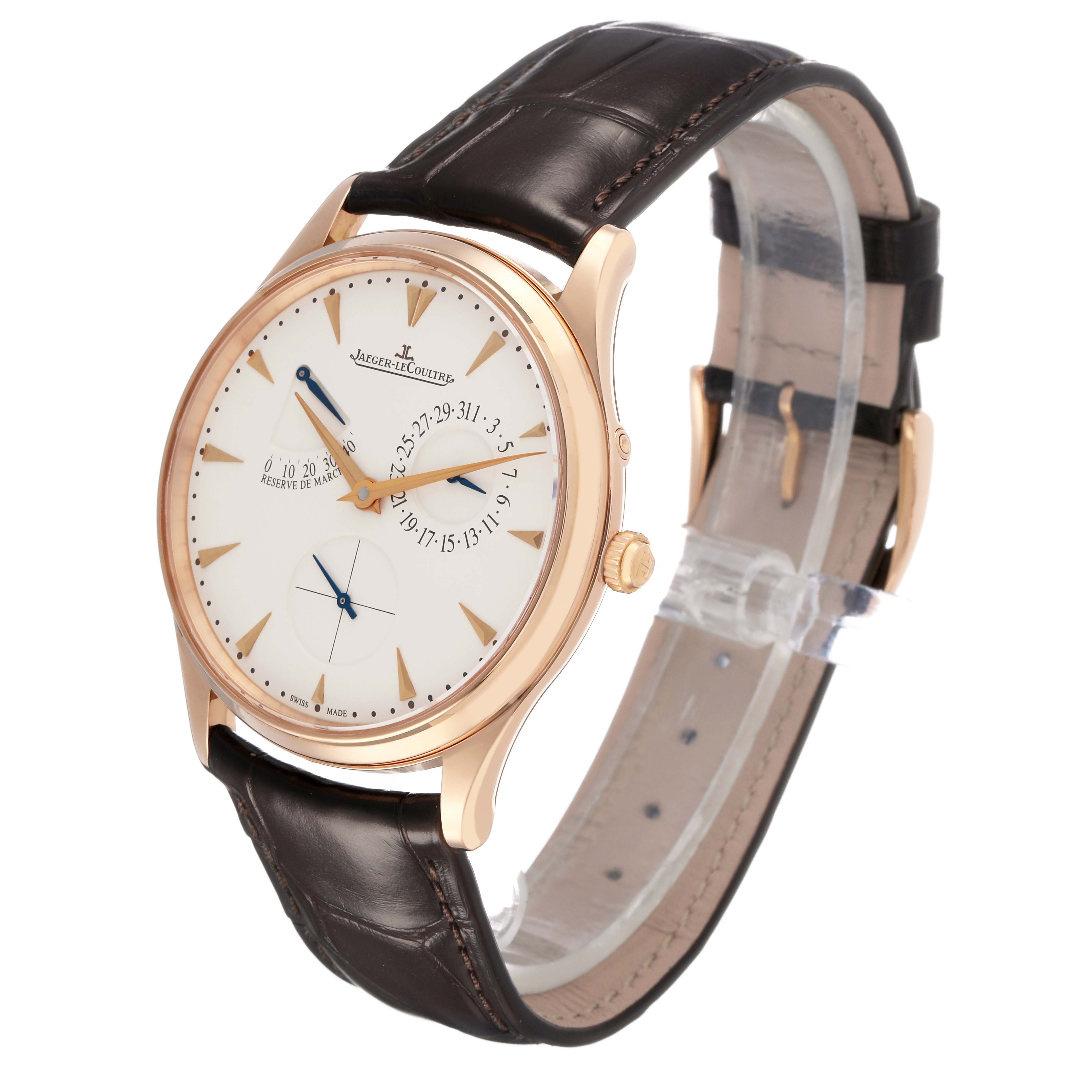 The Jaeger LeCoultre Master 176.2.38.S / Q3123294 Men's Rose Gold Beige Dial watch is shown at an angled side view, highlighting the face, crown, and leather strap.