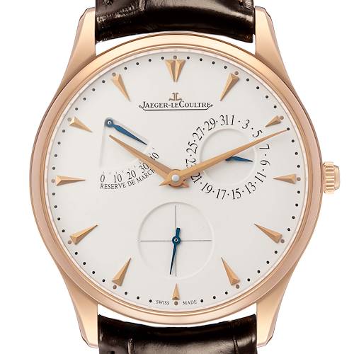 The Jaeger LeCoultre Master 176.2.38.S / Q3123294 Men's Rose Gold Beige Dial watch is shown straight-on, displaying its face, hands, and markers clearly.