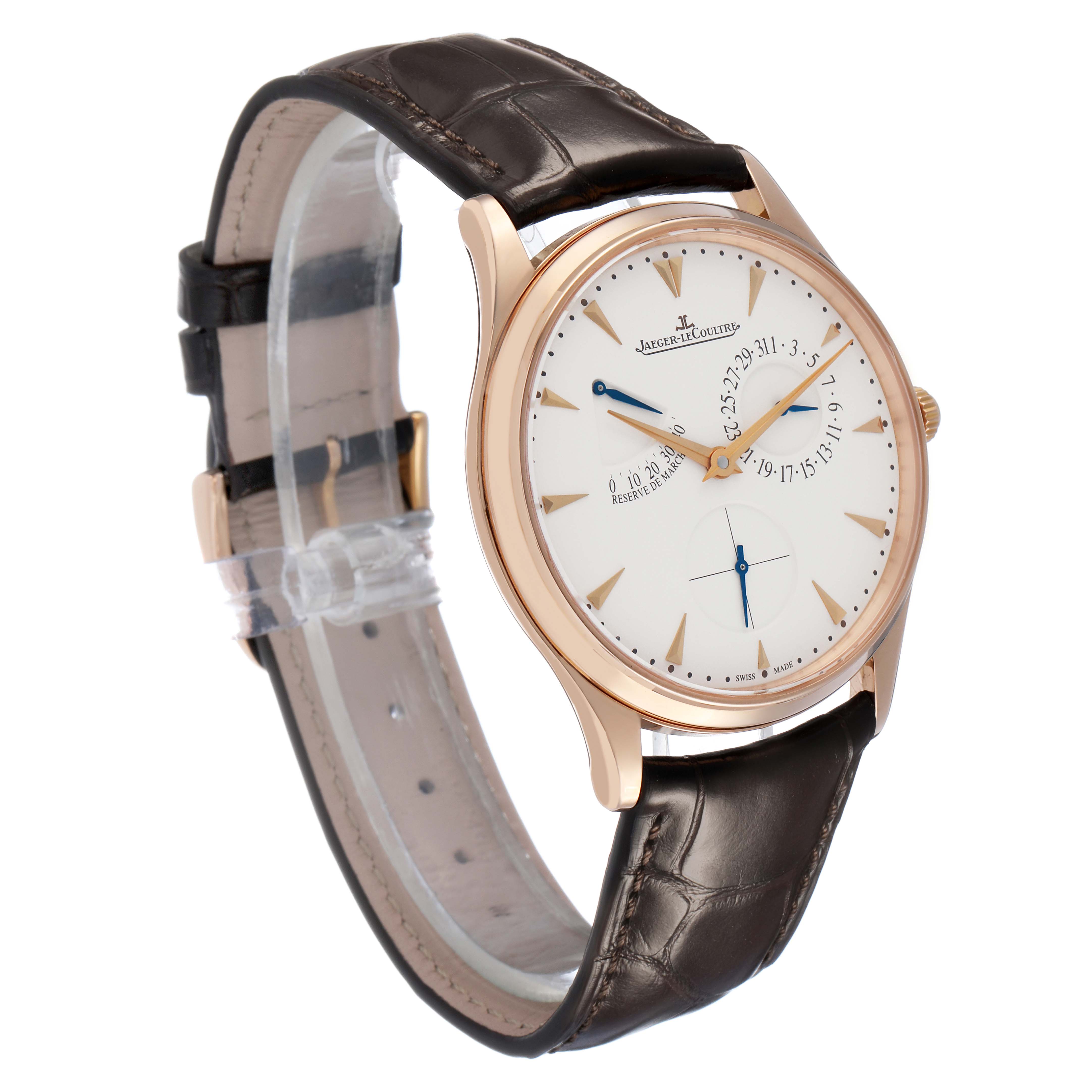 The Jaeger LeCoultre Master 176.2.38.S / Q3123294 Men's Rose Gold Beige Dial model watch is shown at a three-quarter angle, highlighting the dial, rose gold case, and leather strap.