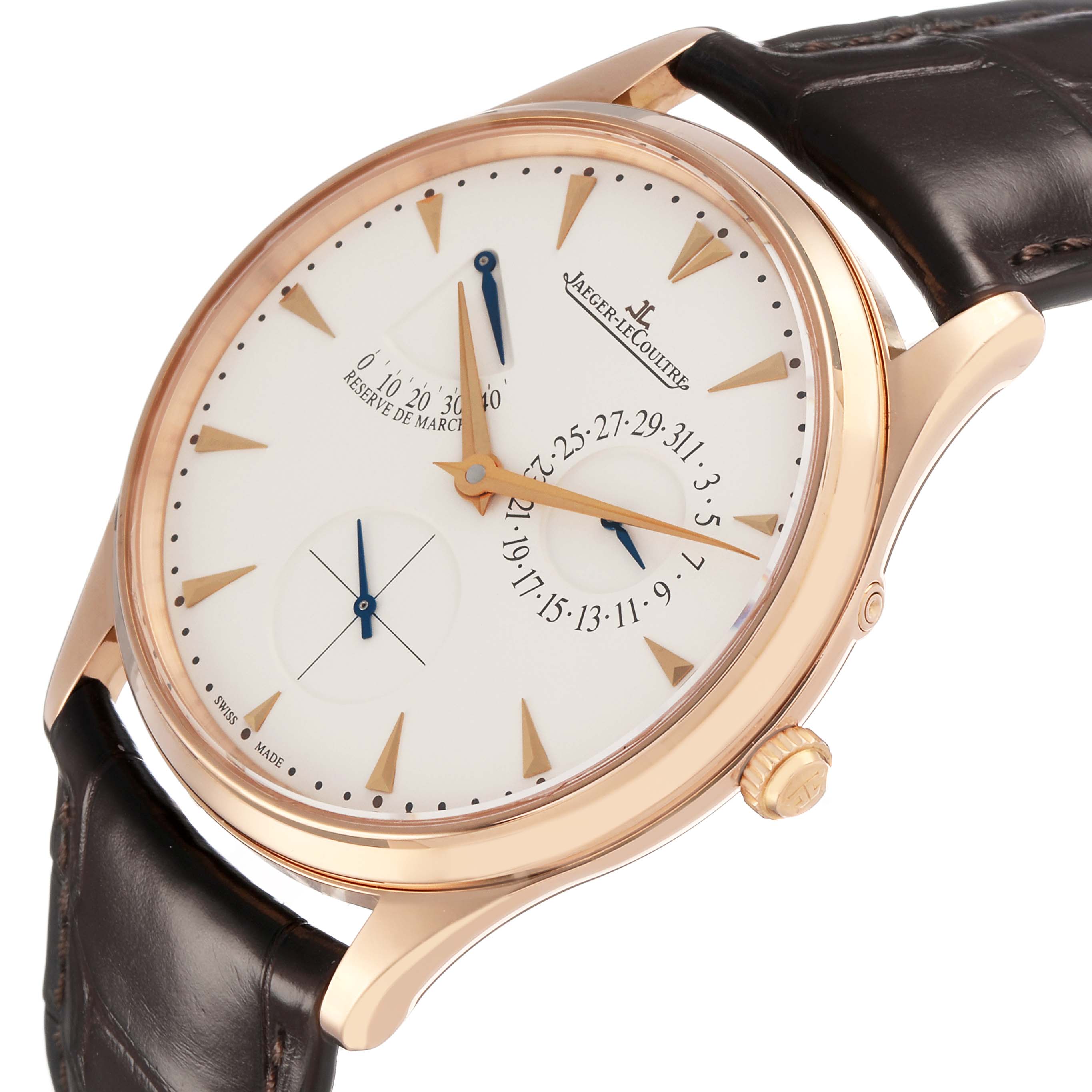 The Jaeger LeCoultre Master 176.2.38.S / Q3123294 Men's Rose Gold Beige Dial watch is shown at a slight angle, displaying its dial, crown, and leather strap.