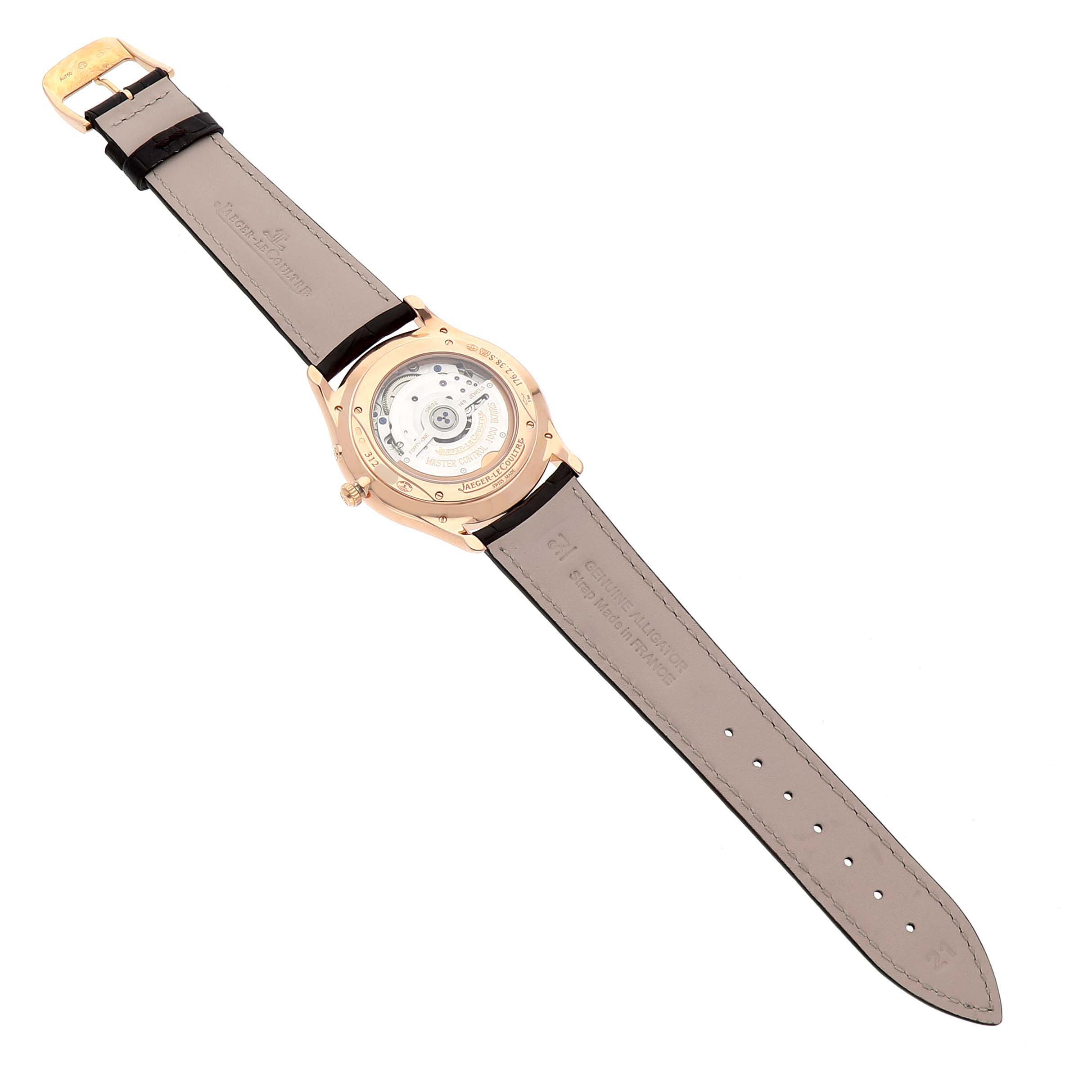The Jaeger LeCoultre Master 176.2.38.S / Q3123294 Men's Rose Gold Beige Dial model watch is shown from the back, displaying the case back and movement, along with the leather strap.