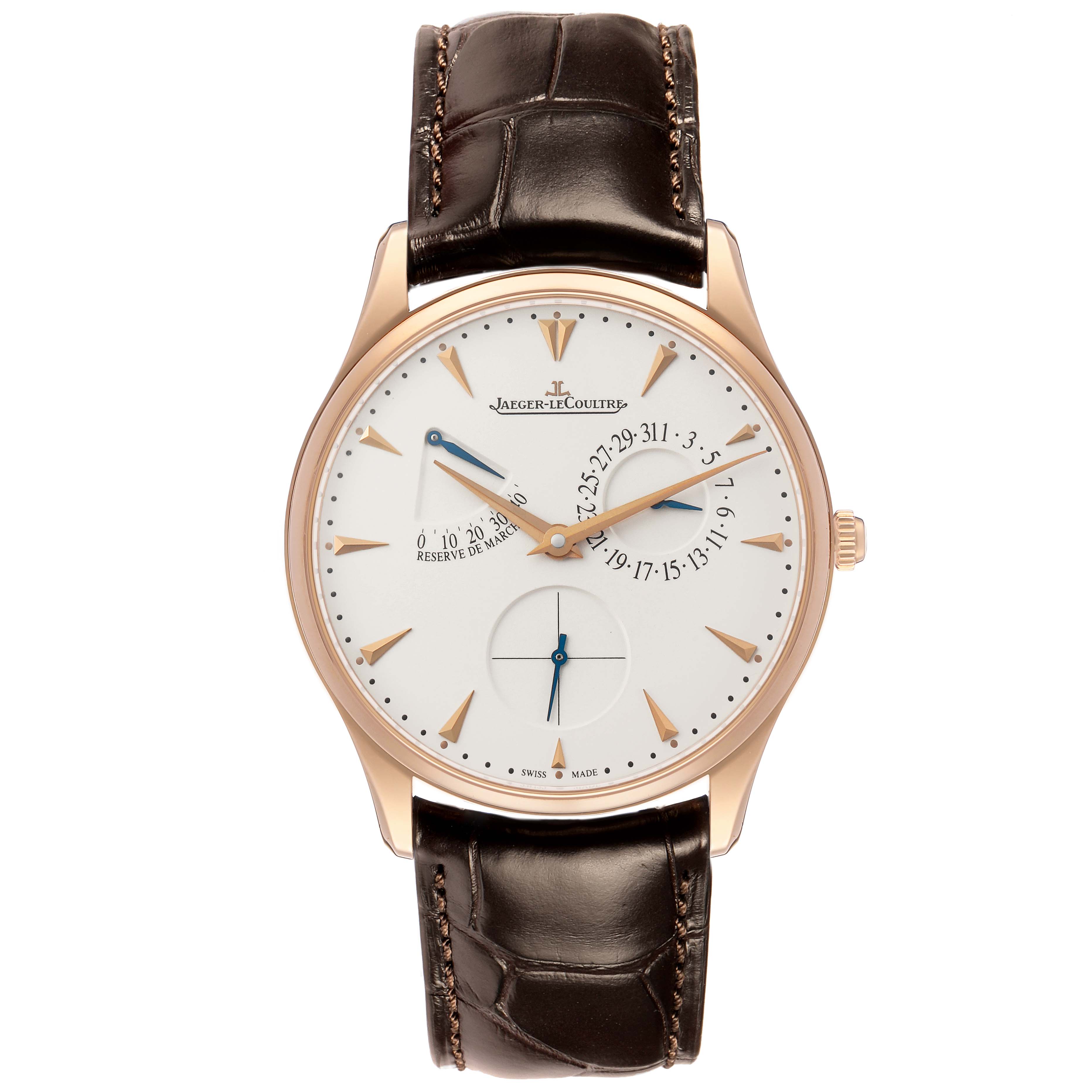 The Jaeger LeCoultre Master 176.2.38.S / Q3123294 Men's Rose Gold Beige Dial model watch is shown from a front angle, displaying the face, markers, and leather strap.